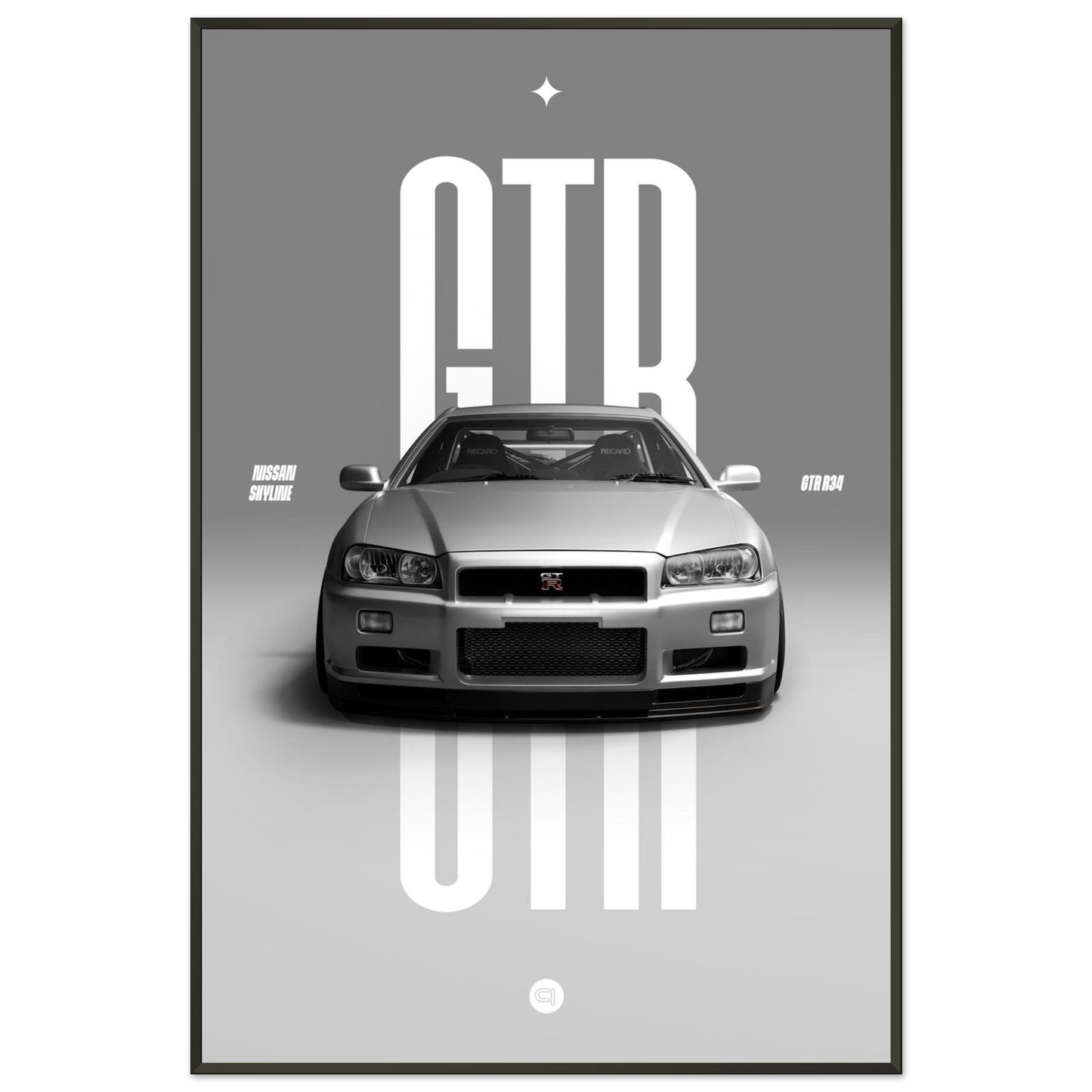 Framed Car Poster - Nissan Skyline GTR R34 - White