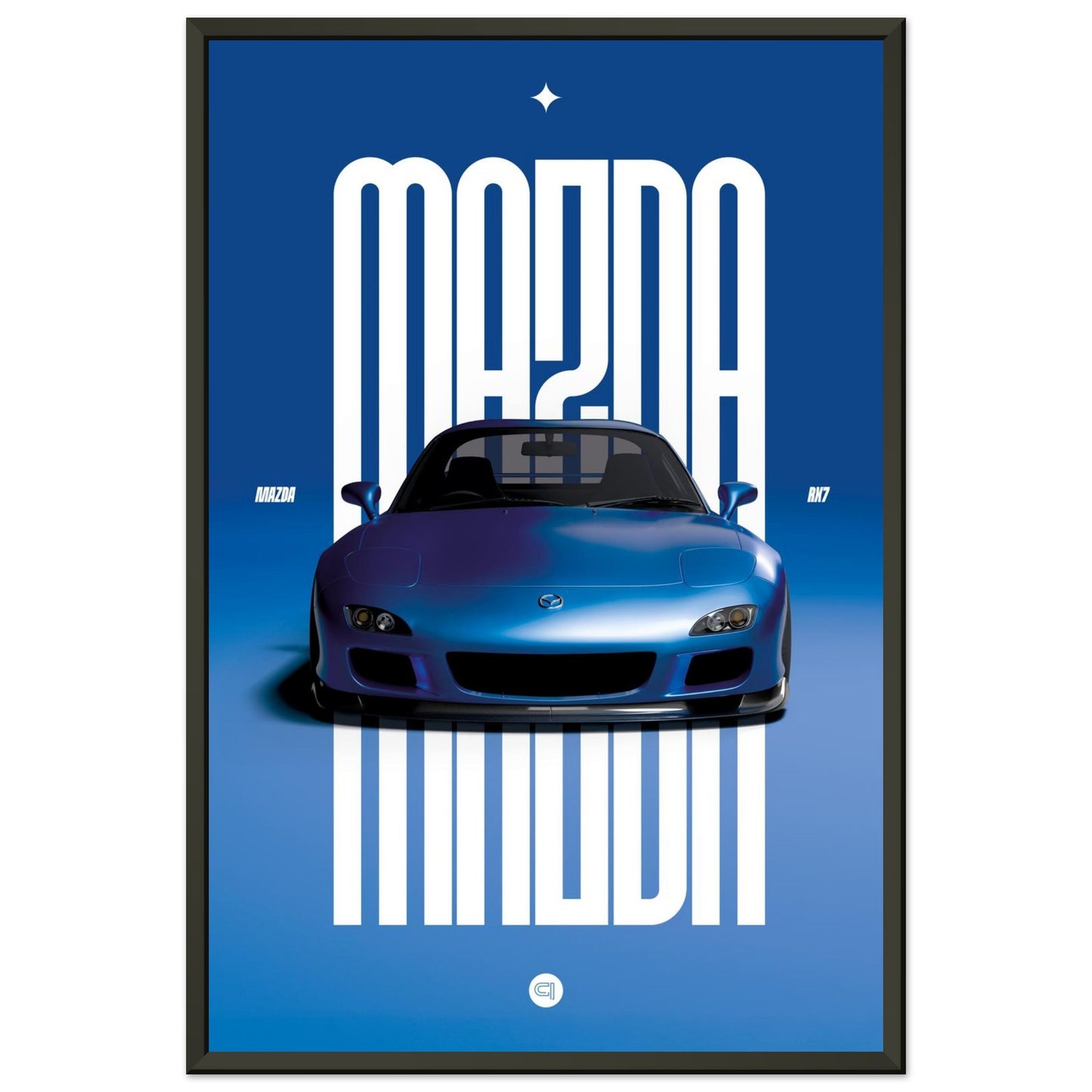 Framed Car Poster - Mazda RX7 - Blue
