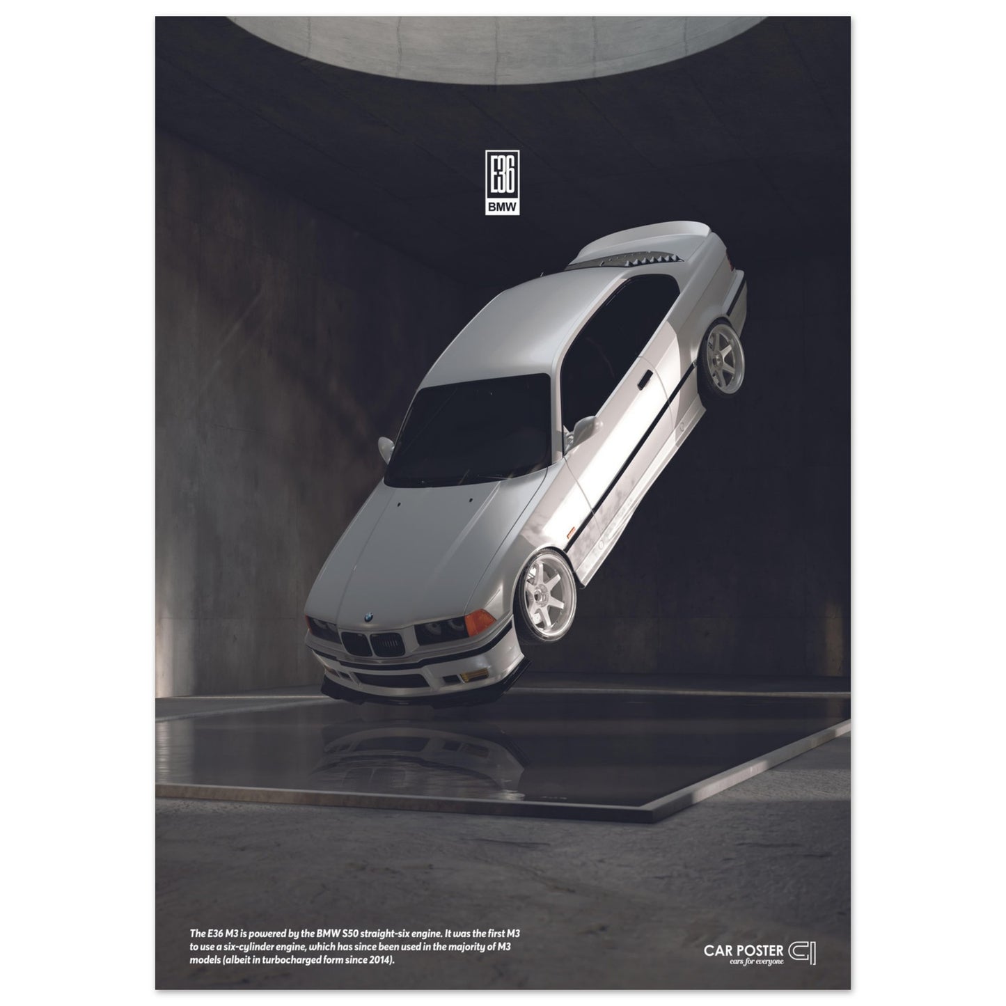 Car Poster - BMW E36 M3 Flying- White