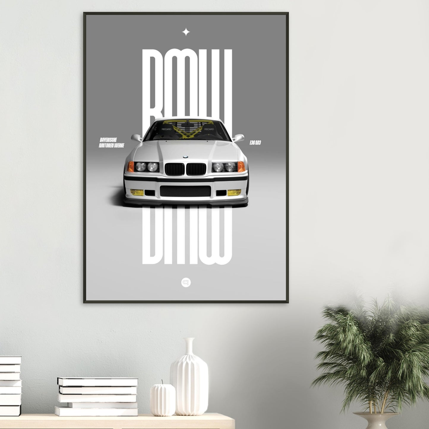 Framed Car Poster - BMW E36 - White