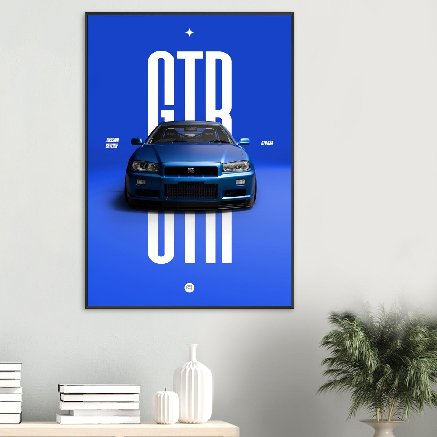 Framed Car Poster - Nissan Skyline GTR R34 - Blue