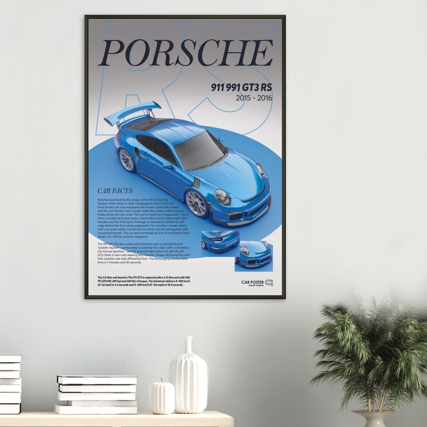 Framed Car Poster - Porsche 911 991 GT3 RS - Blue