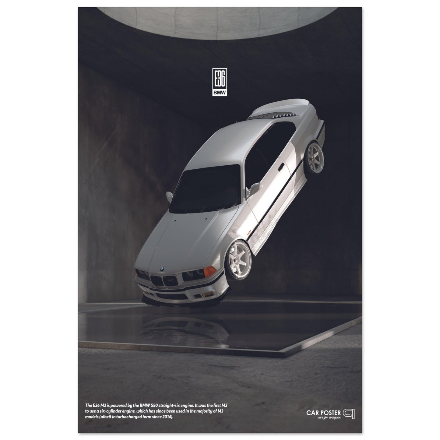 Car Poster - BMW E36 M3 Flying- White