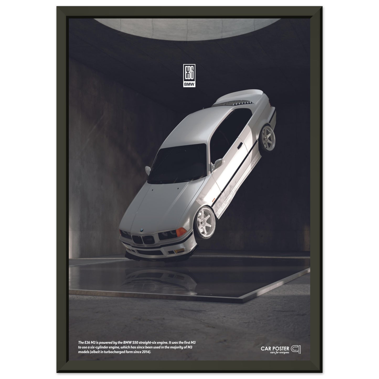 Framed Car Poster - BMW E36 M3 Flying - White