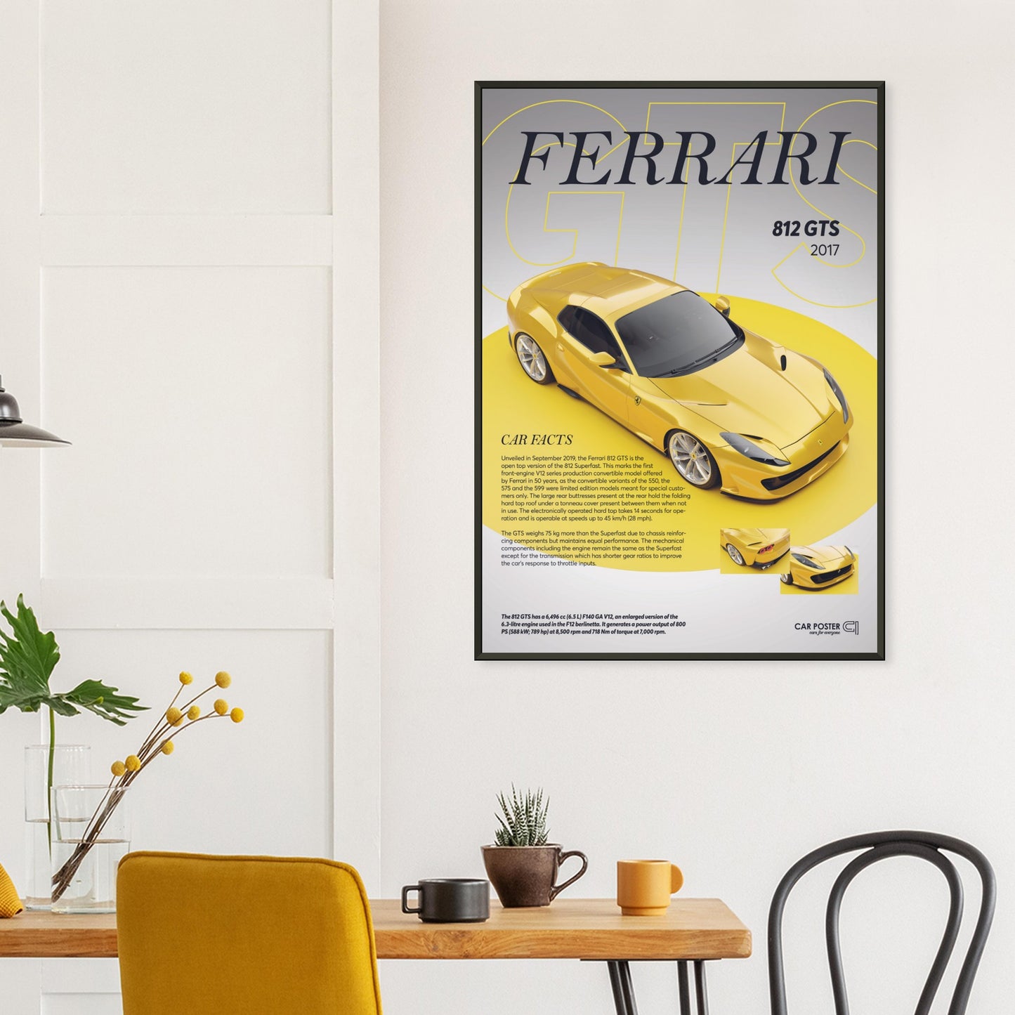 Framed Car Poster - Ferrari 812 GTS - Yellow