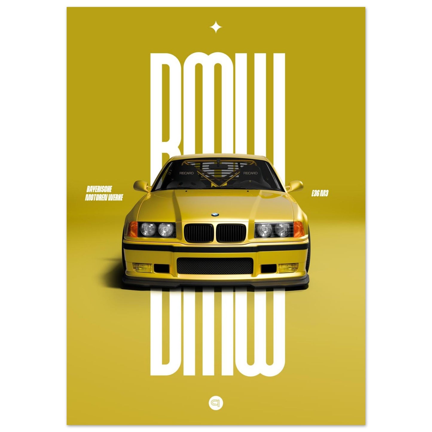 Car Poster - BMW E36 - Yellow