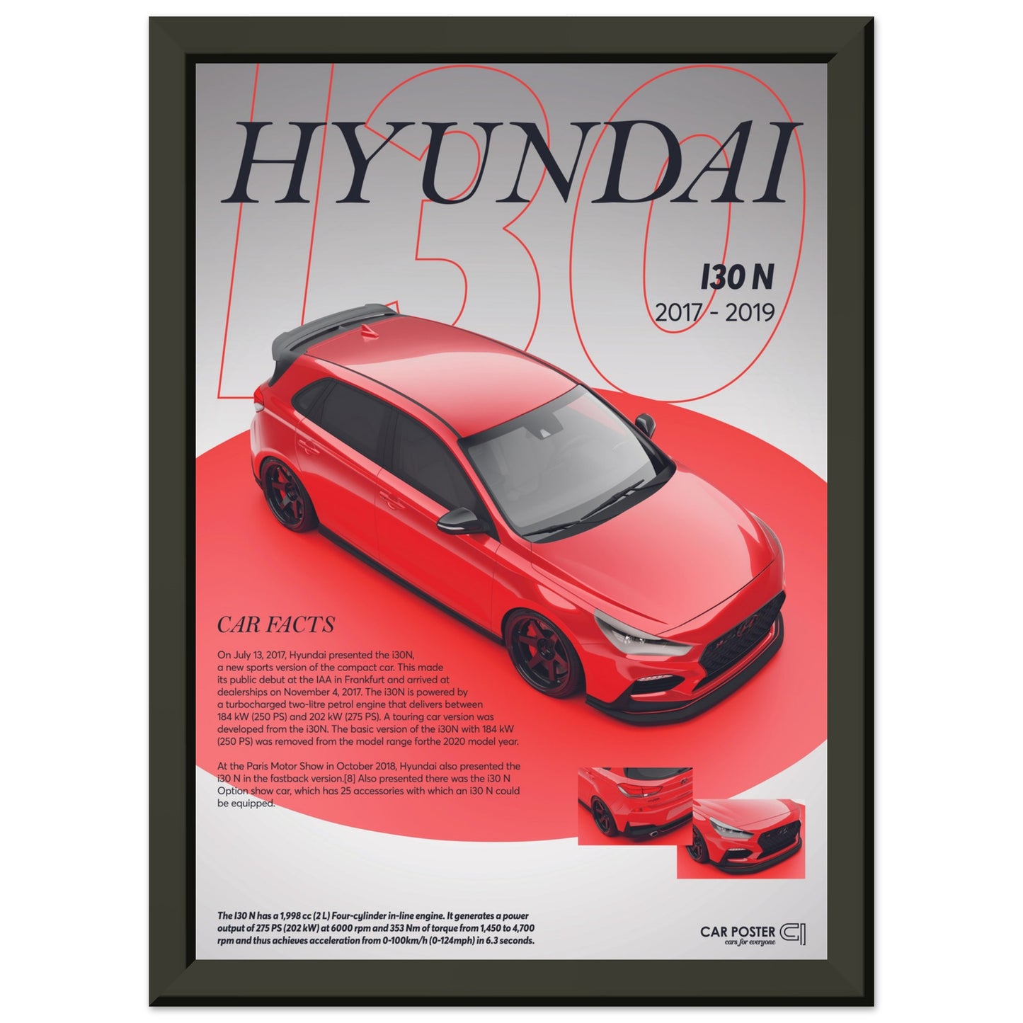 Framed Car Poster - Hyundai I30N - Red