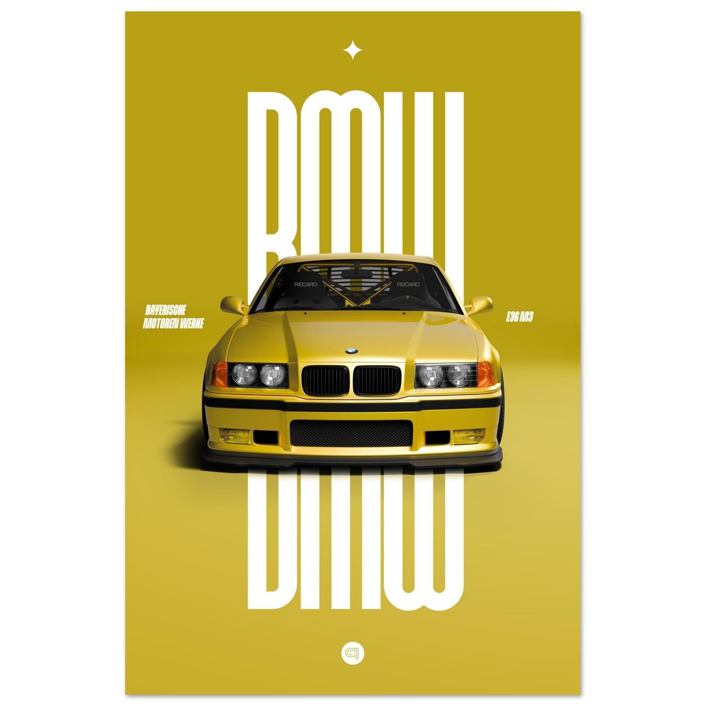 Car Poster - BMW E36 - Yellow