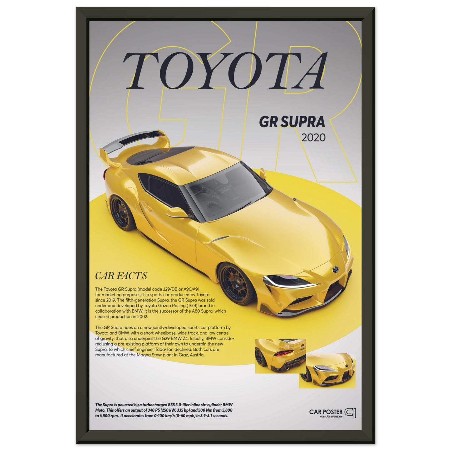 Framed Car Poster - Toyota GR Supra - Yellow
