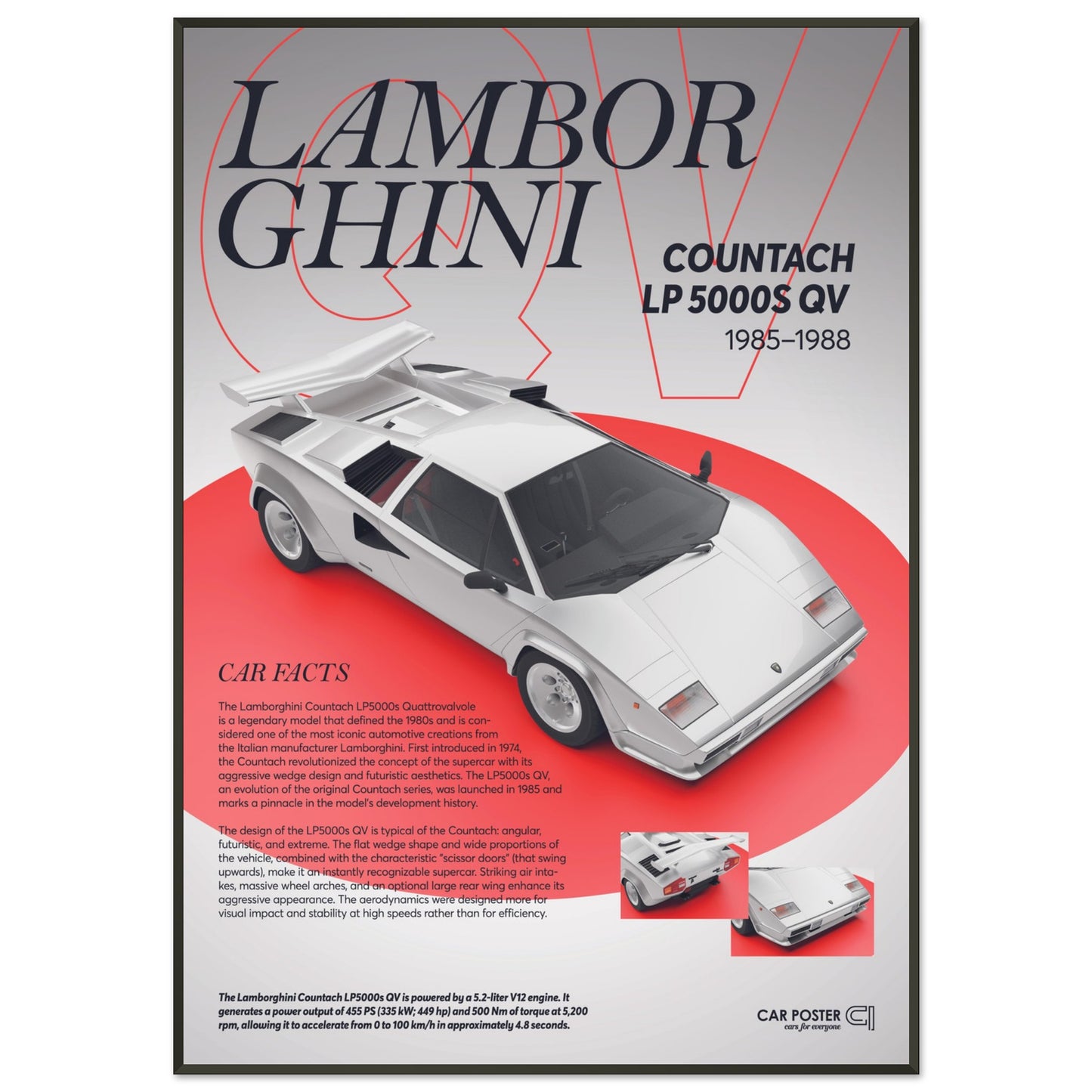 Framed Car Poster - Lamborghini Countach LP 5000S QV - White