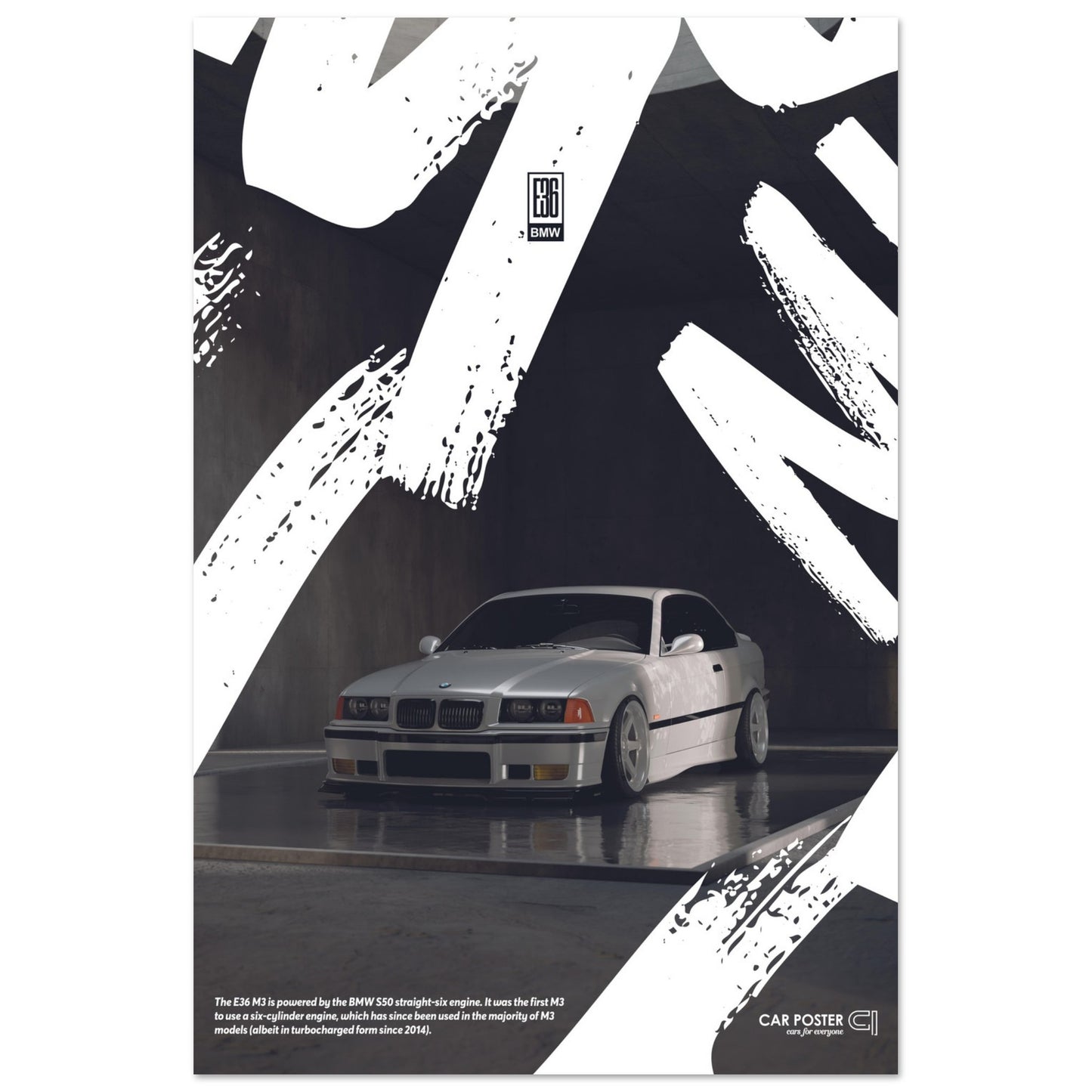 Car Poster - BMW E36 M3 Graffiti - White