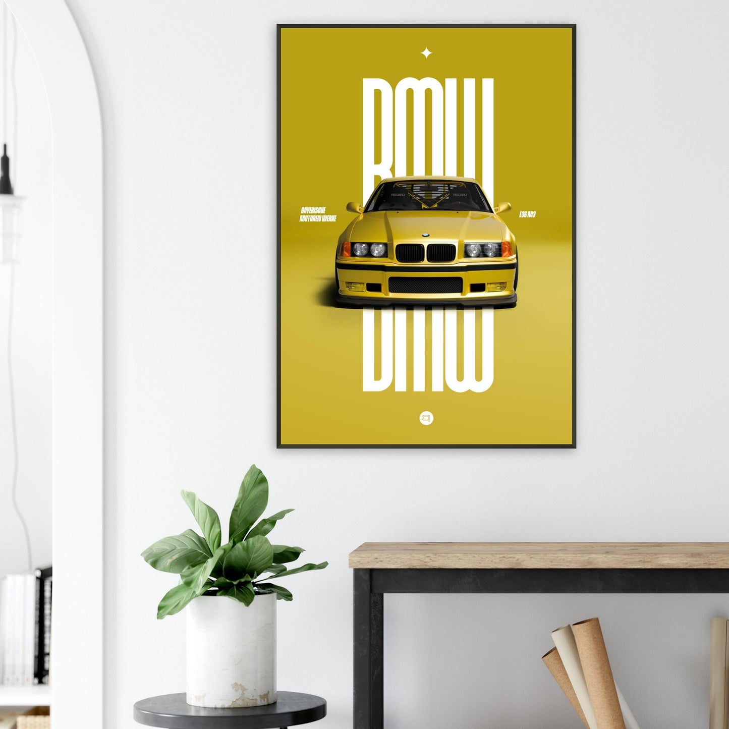 Framed Car Poster - BMW E36 - Yellow