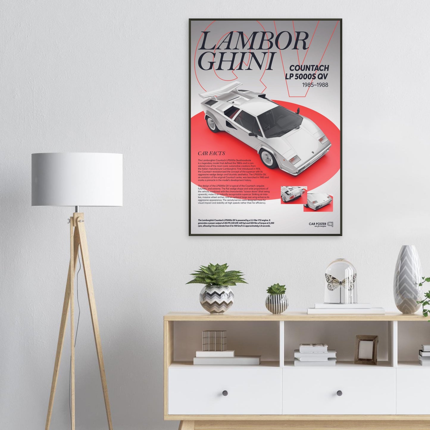 Framed Car Poster - Lamborghini Countach LP 5000S QV - White