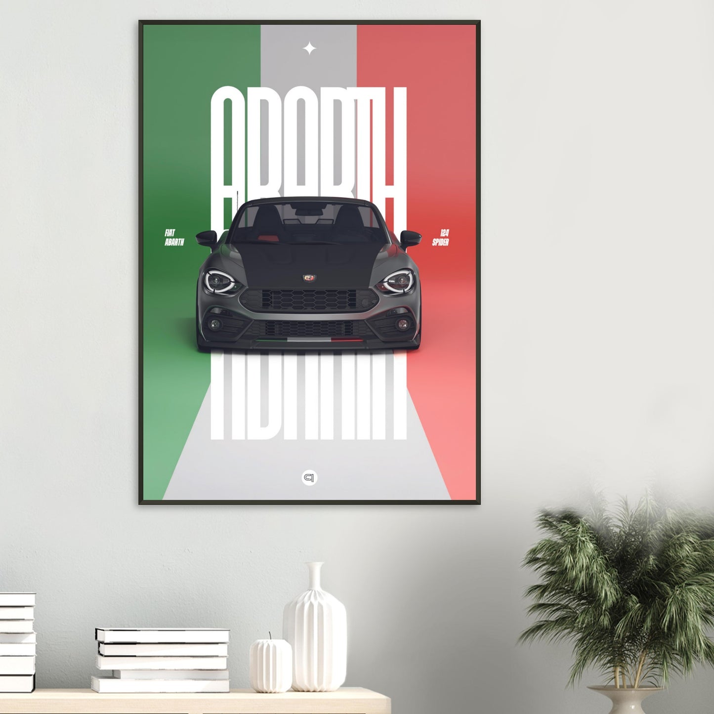 Framed Car Poster - Fiat Abarth 124 Spider - Italy white typo