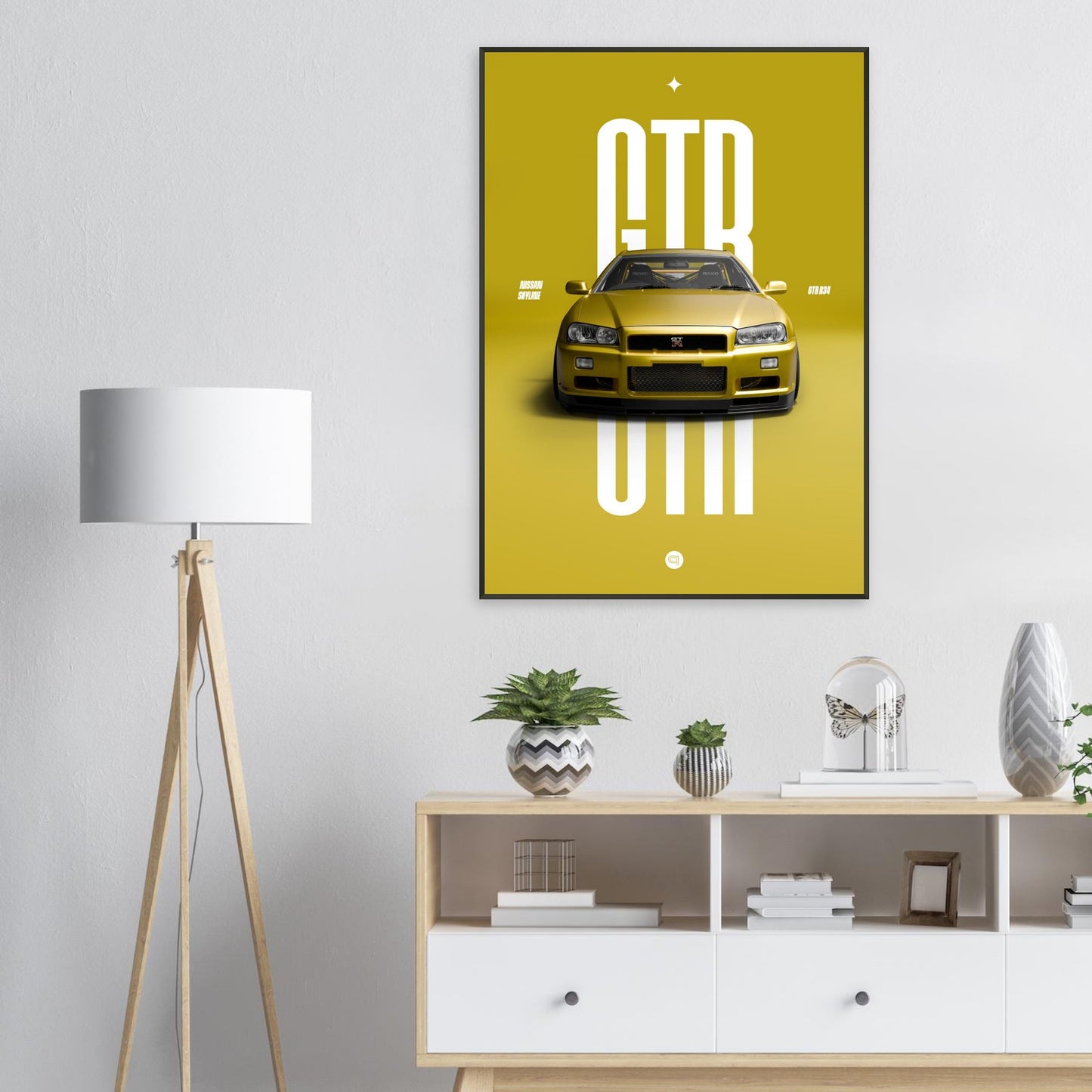 Framed Car Poster - Nissan Skyline GTR R34 - Yellow