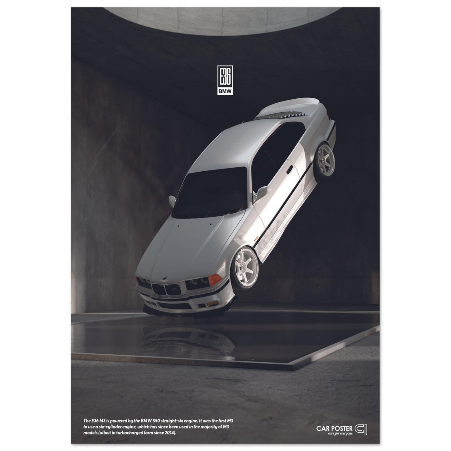 Car Poster - BMW E36 M3 Flying- White