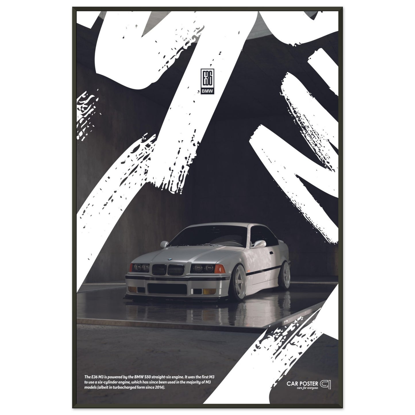 Framed Car Poster - BMW E36 M3 Graffiti - White