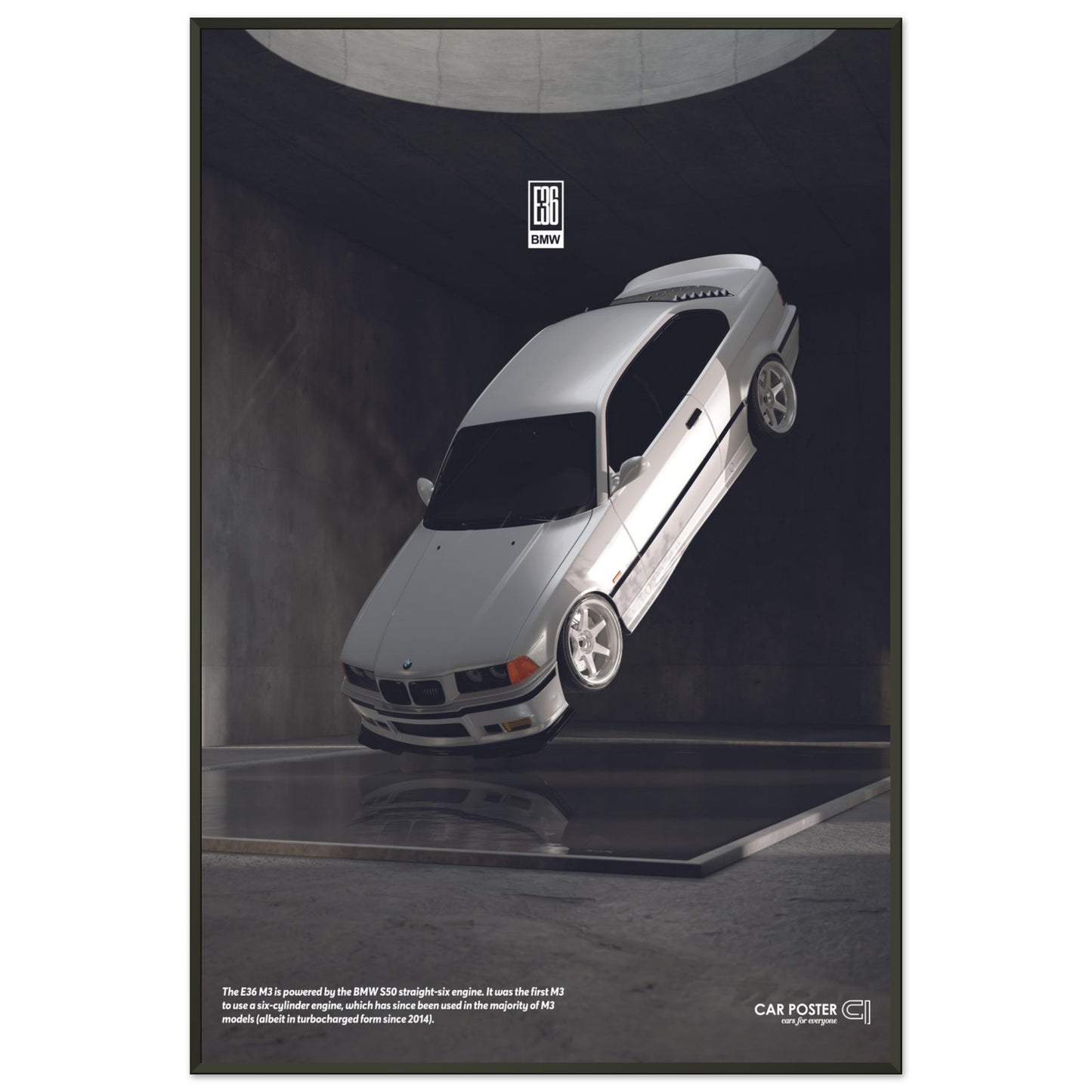 Framed Car Poster - BMW E36 M3 Flying - White