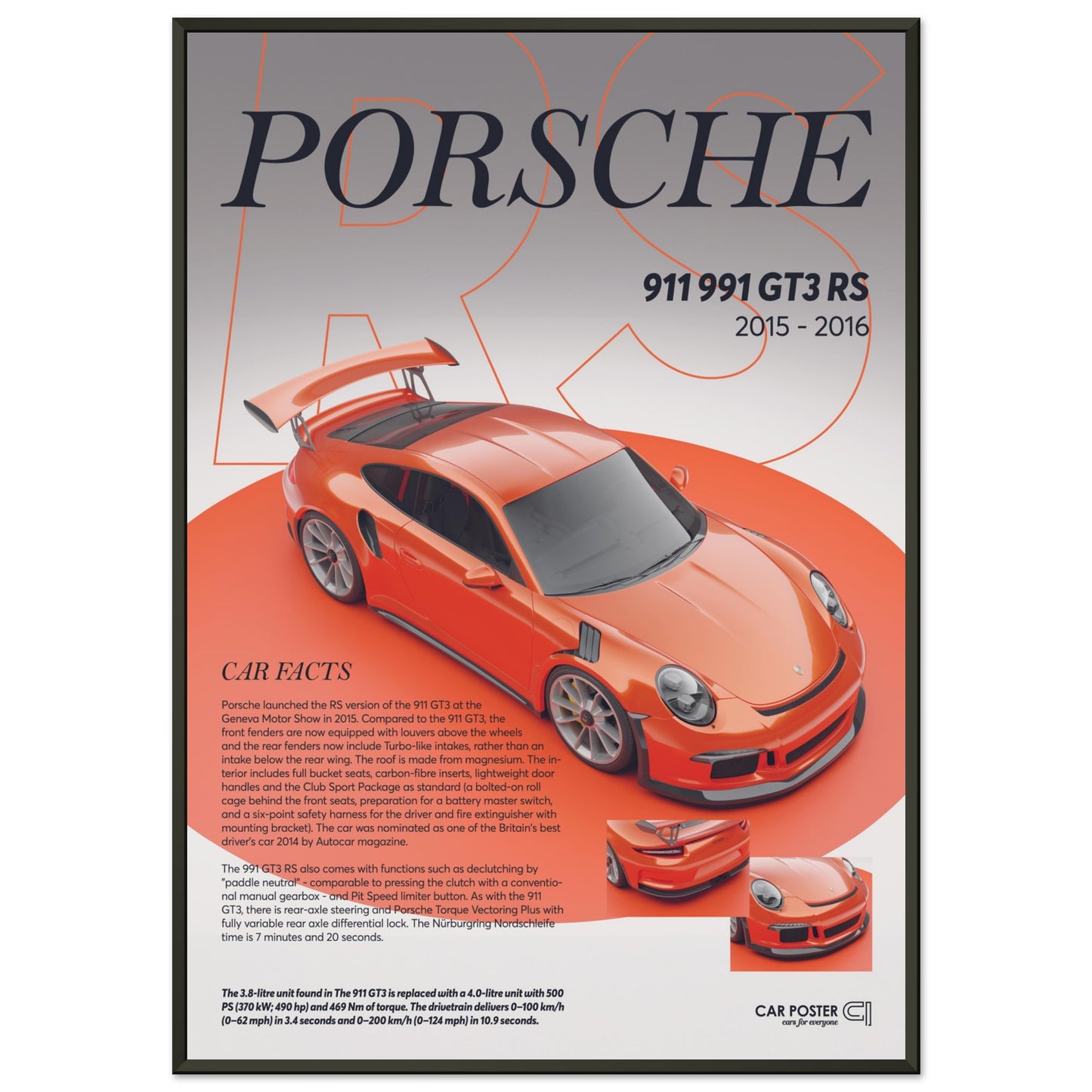 Framed Car Poster - Porsche 911 991 GT3 RS - Lava Orange