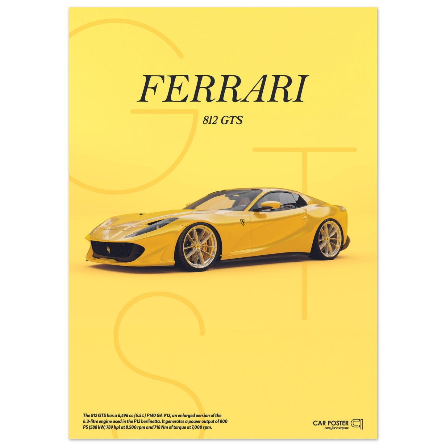 Car Poster - Ferrari 812 GTS Letters - Yellow