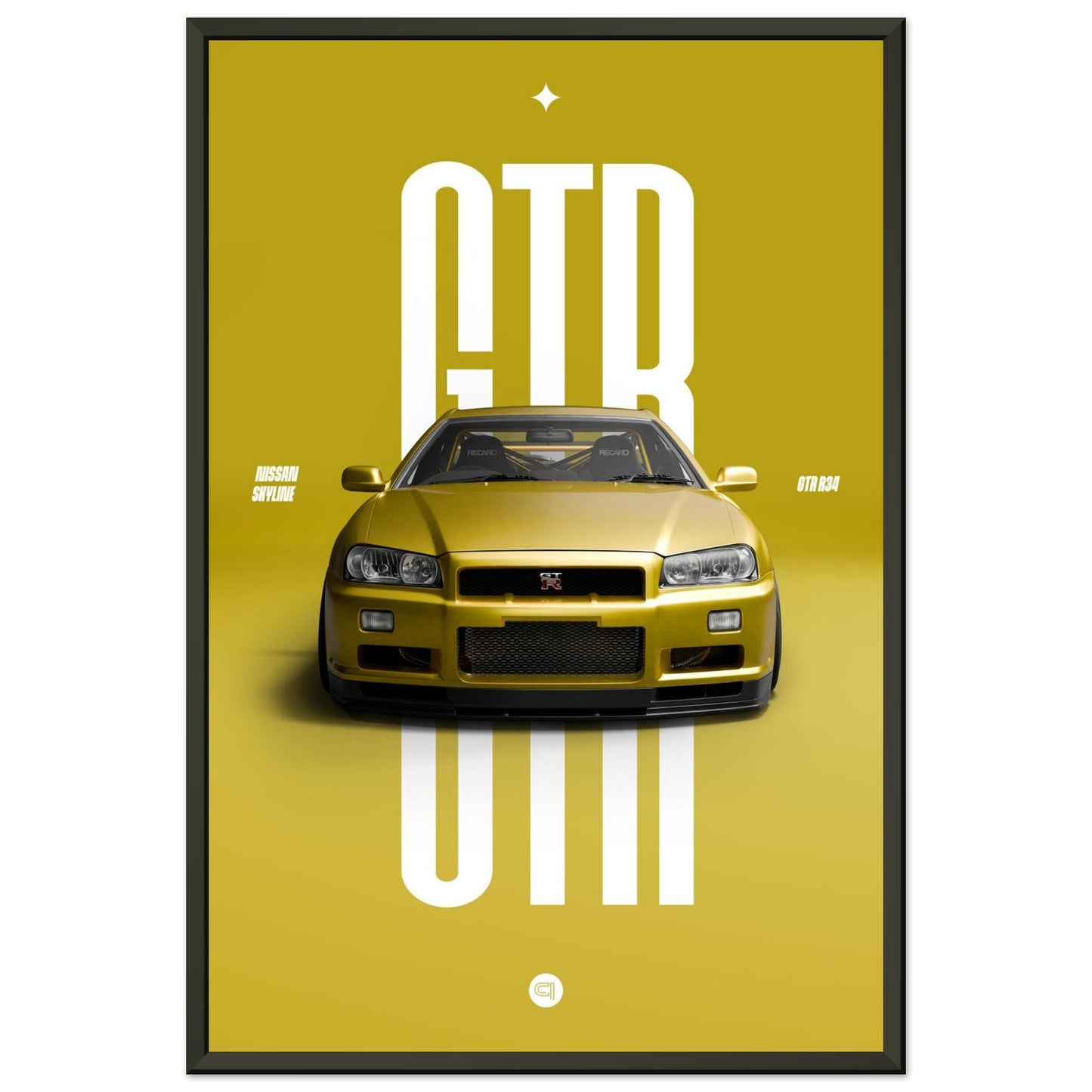 Framed Car Poster - Nissan Skyline GTR R34 - Yellow
