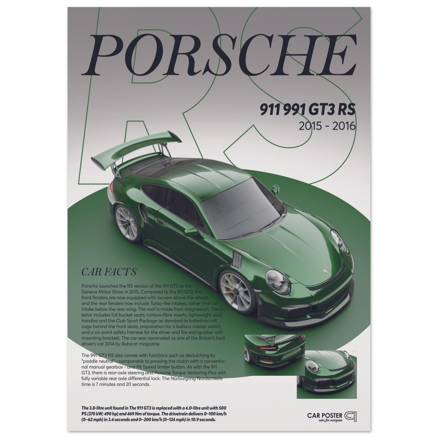 Car Poster - Porsche 911 991 GT3 RS - British Racing Green