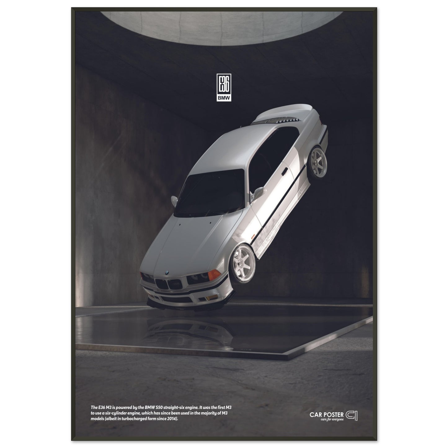 Framed Car Poster - BMW E36 M3 Flying - White