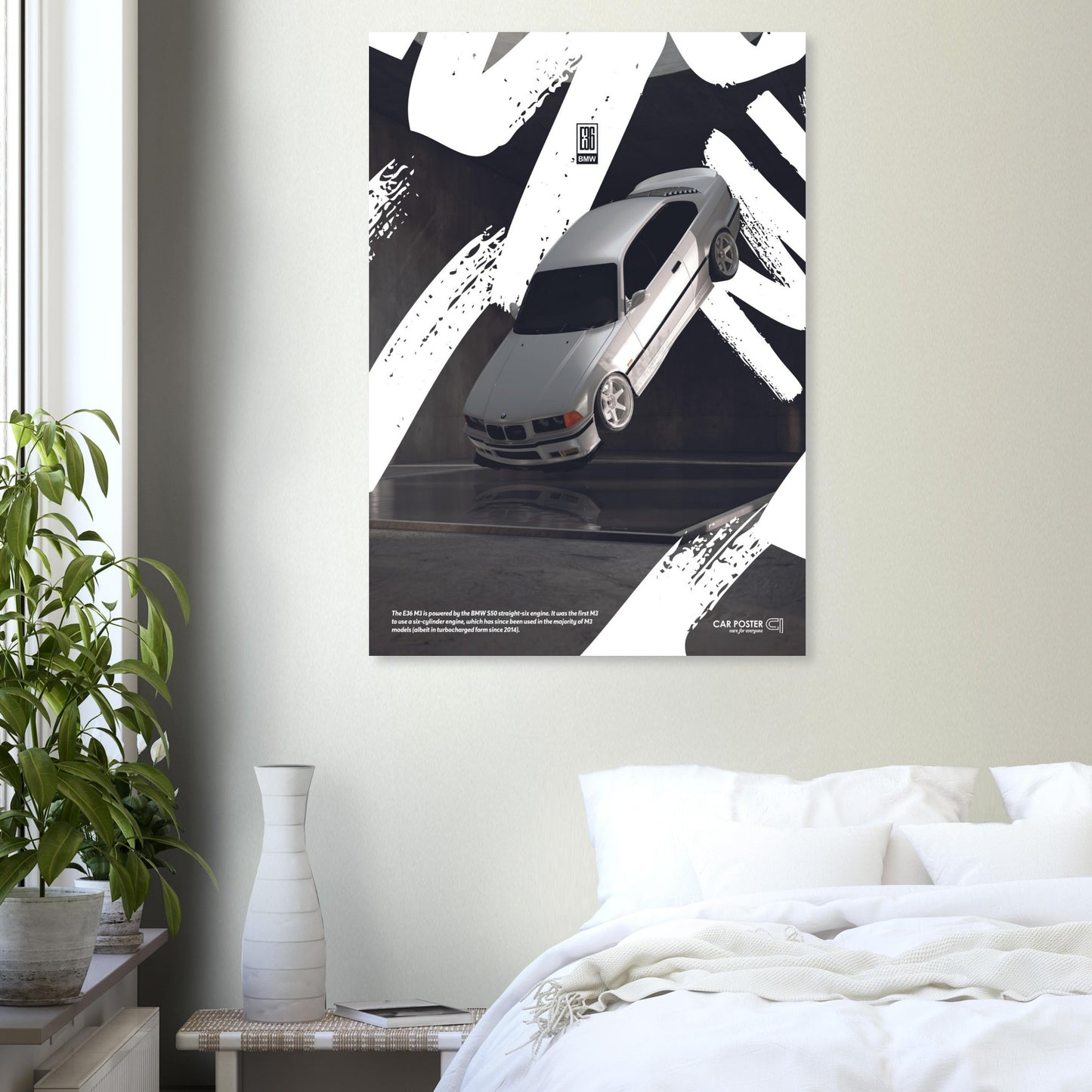 Car Poster - BMW E36 M3 Flying Graffiti - White