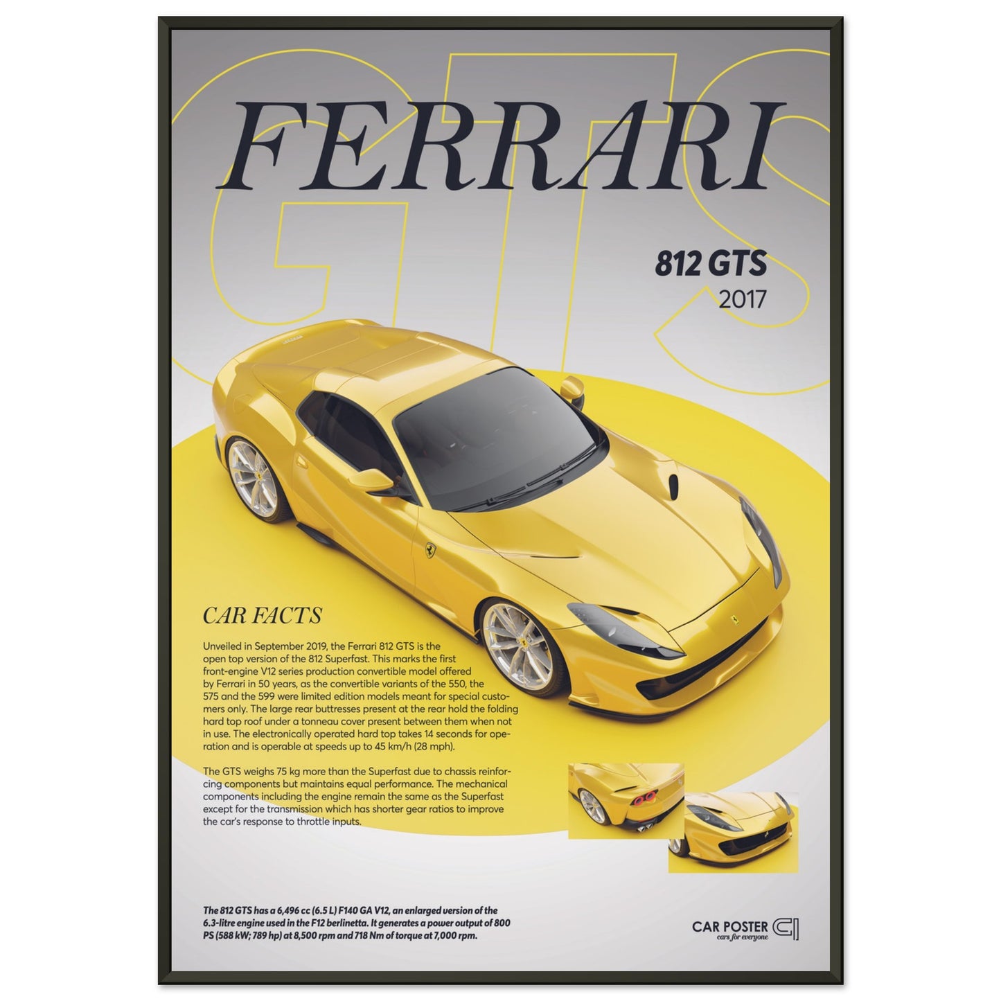 Framed Car Poster - Ferrari 812 GTS - Yellow