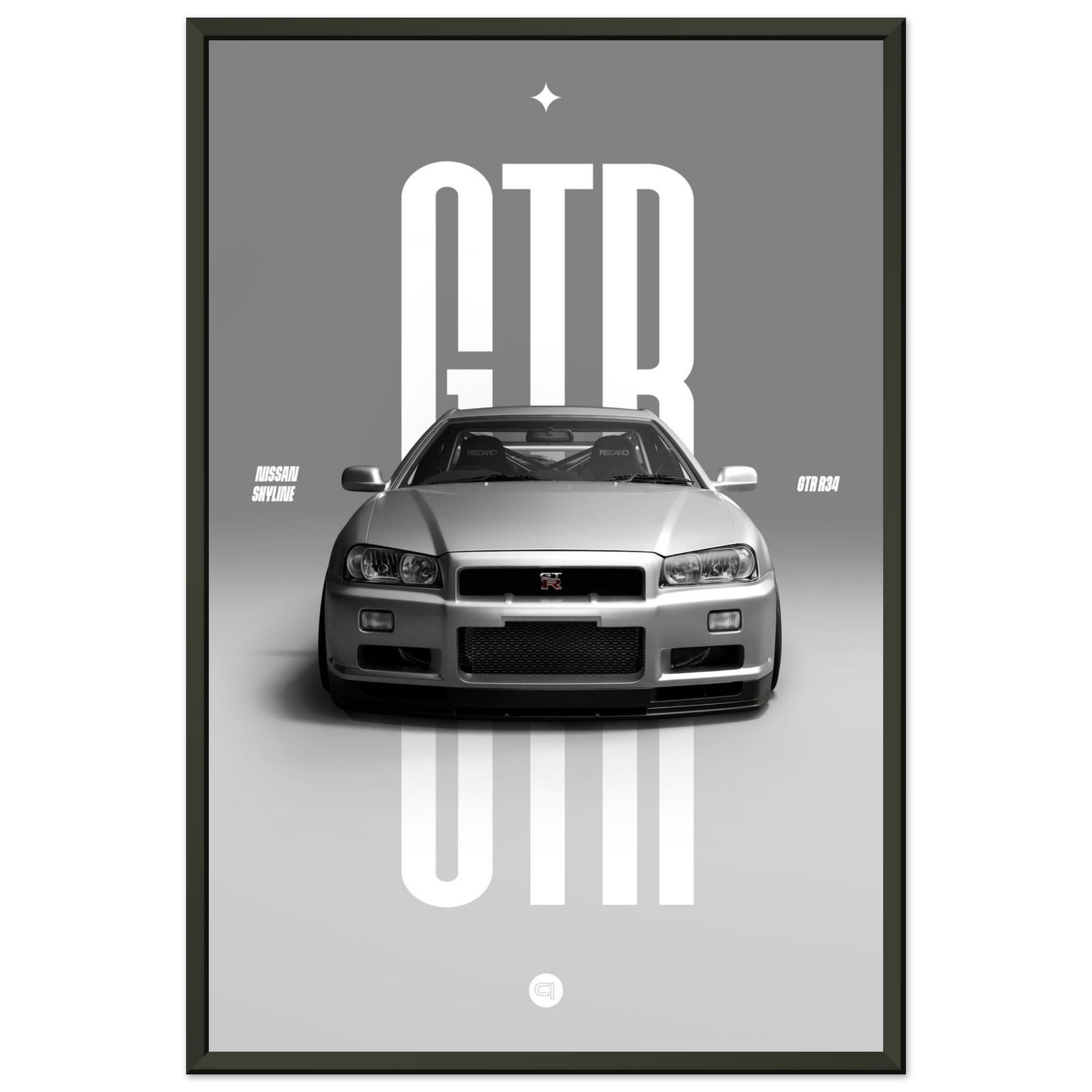 Framed Car Poster - Nissan Skyline GTR R34 - White