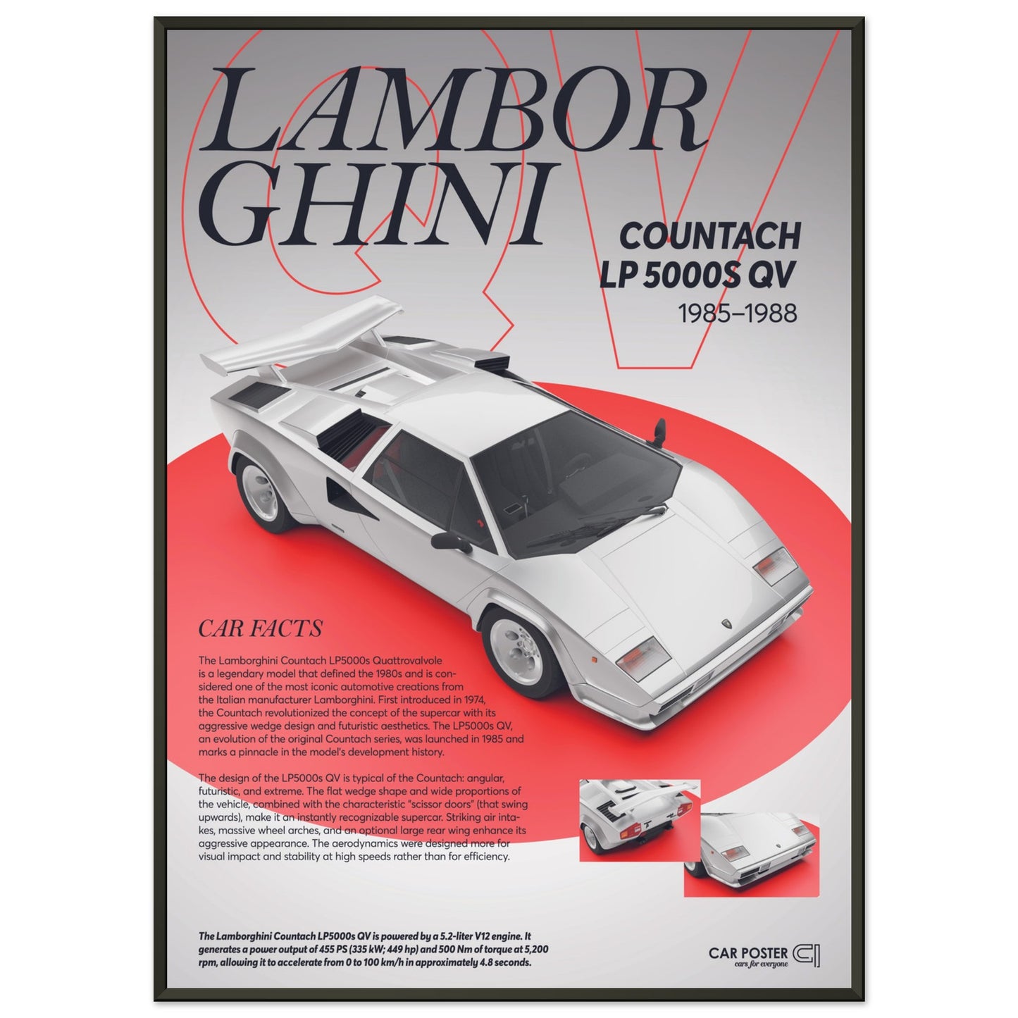 Framed Car Poster - Lamborghini Countach LP 5000S QV - White