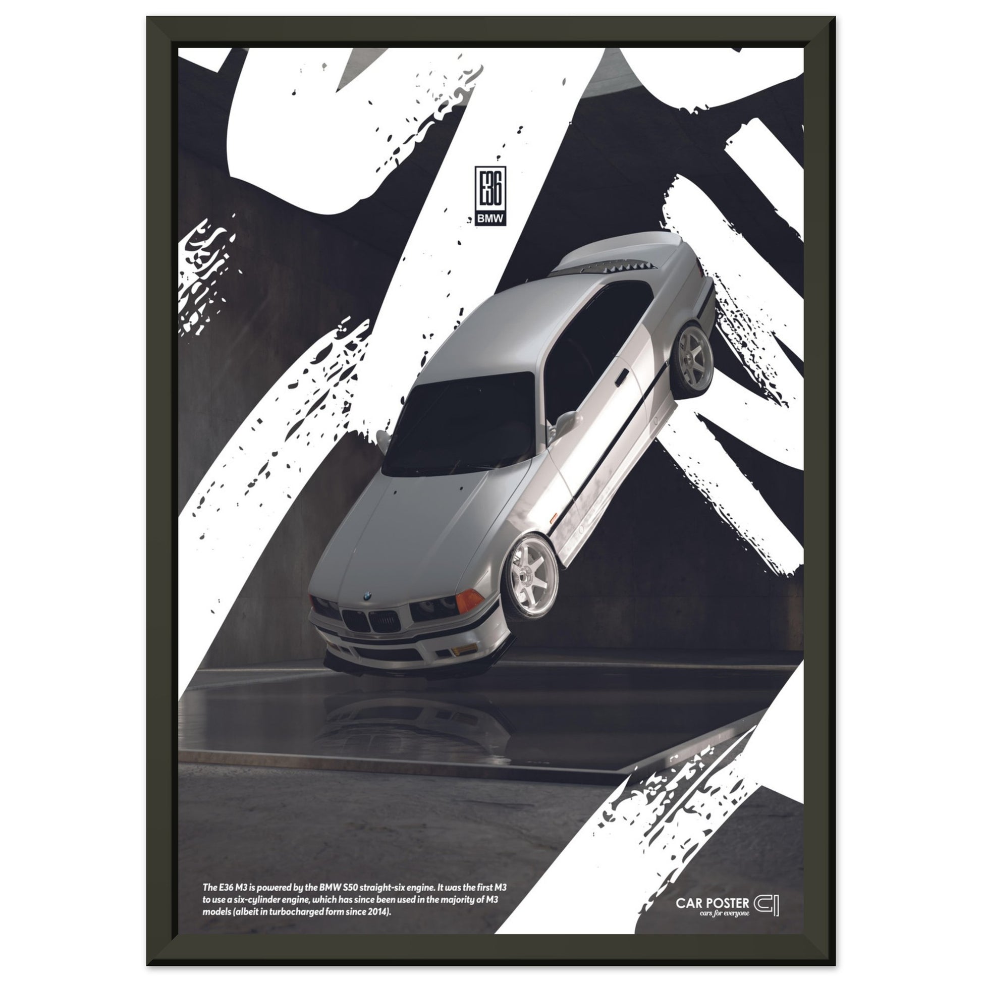 Framed Car Poster - BMW E36 M3 Flying Graffiti - White