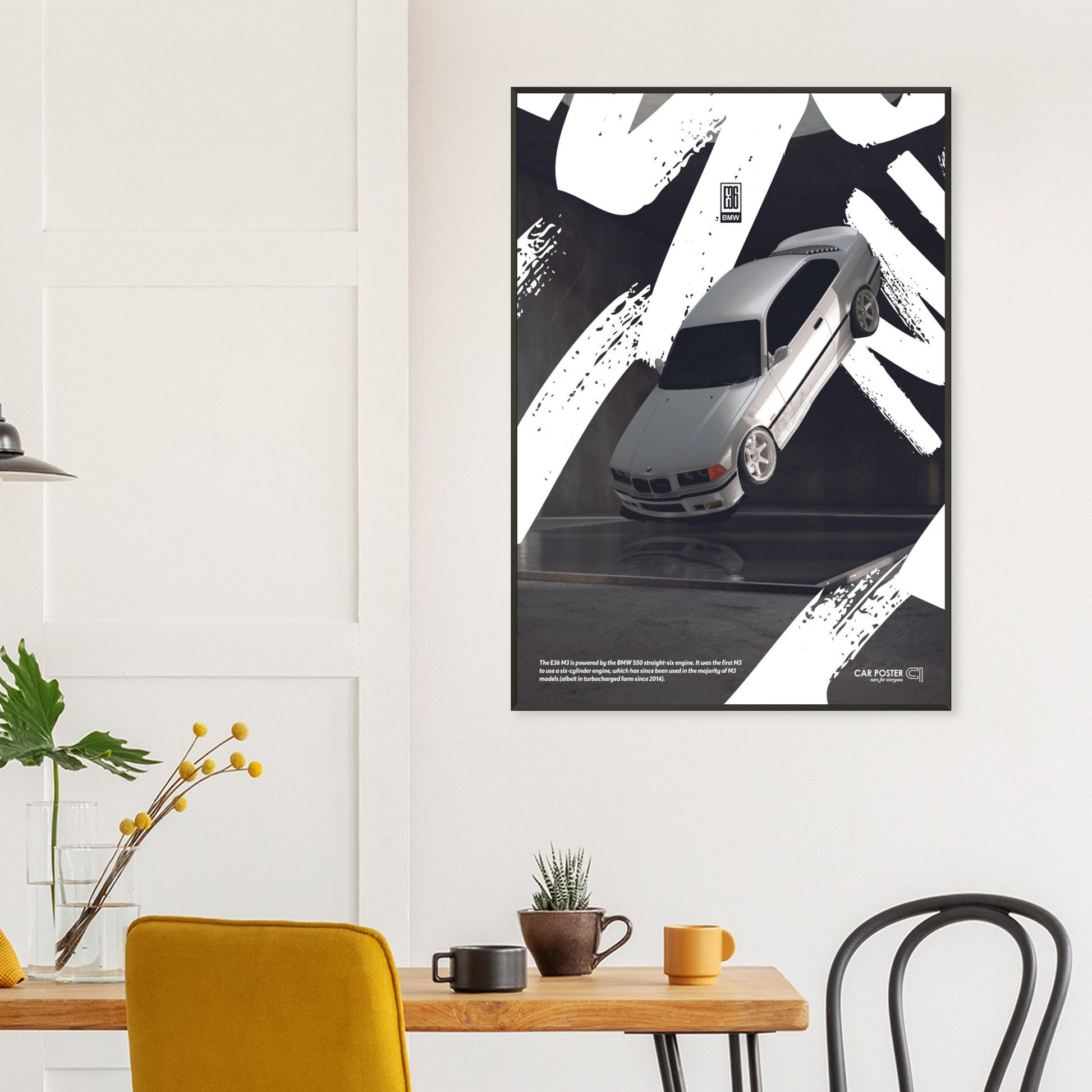 Framed Car Poster - BMW E36 M3 Flying Graffiti - White