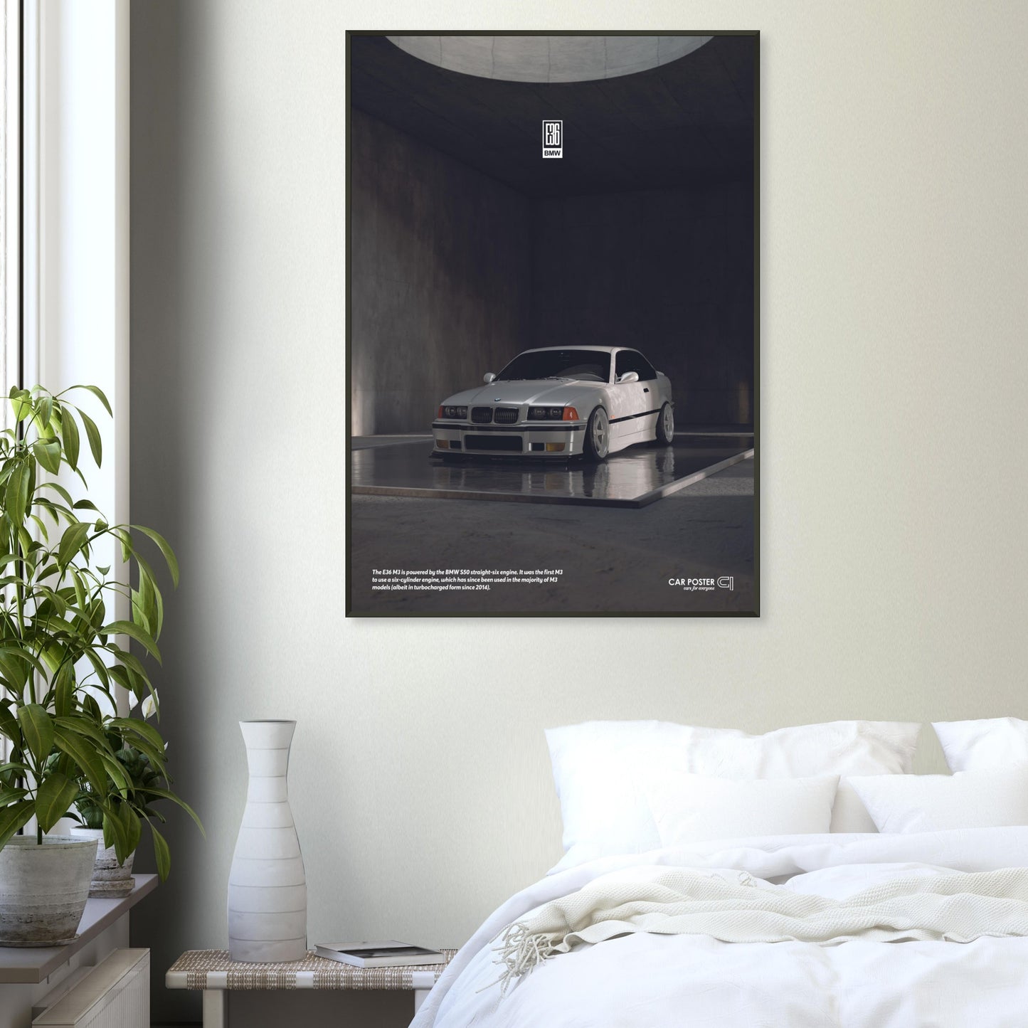 Framed Car Poster - BMW E36 M3 - White