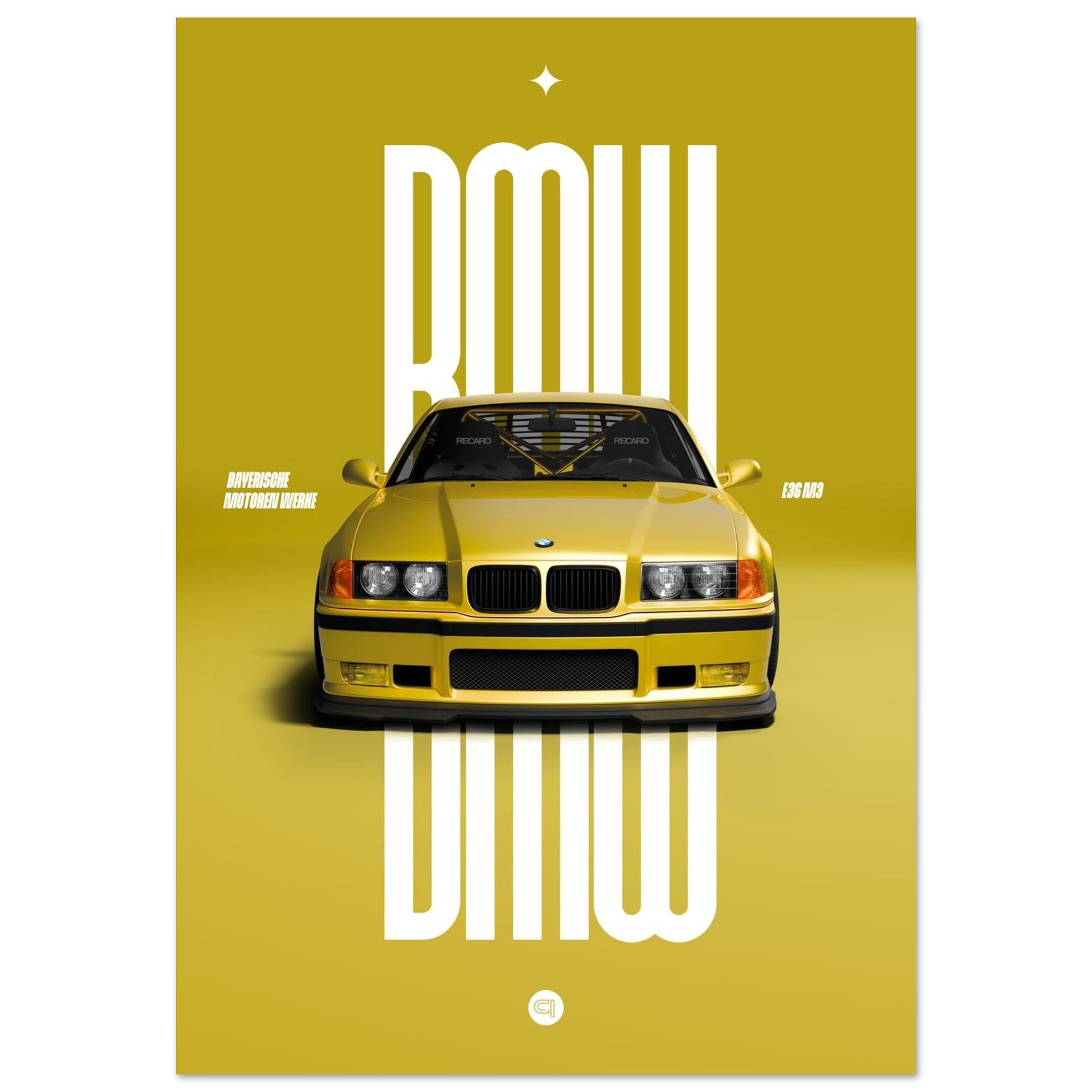 Car Poster - BMW E36 - Yellow