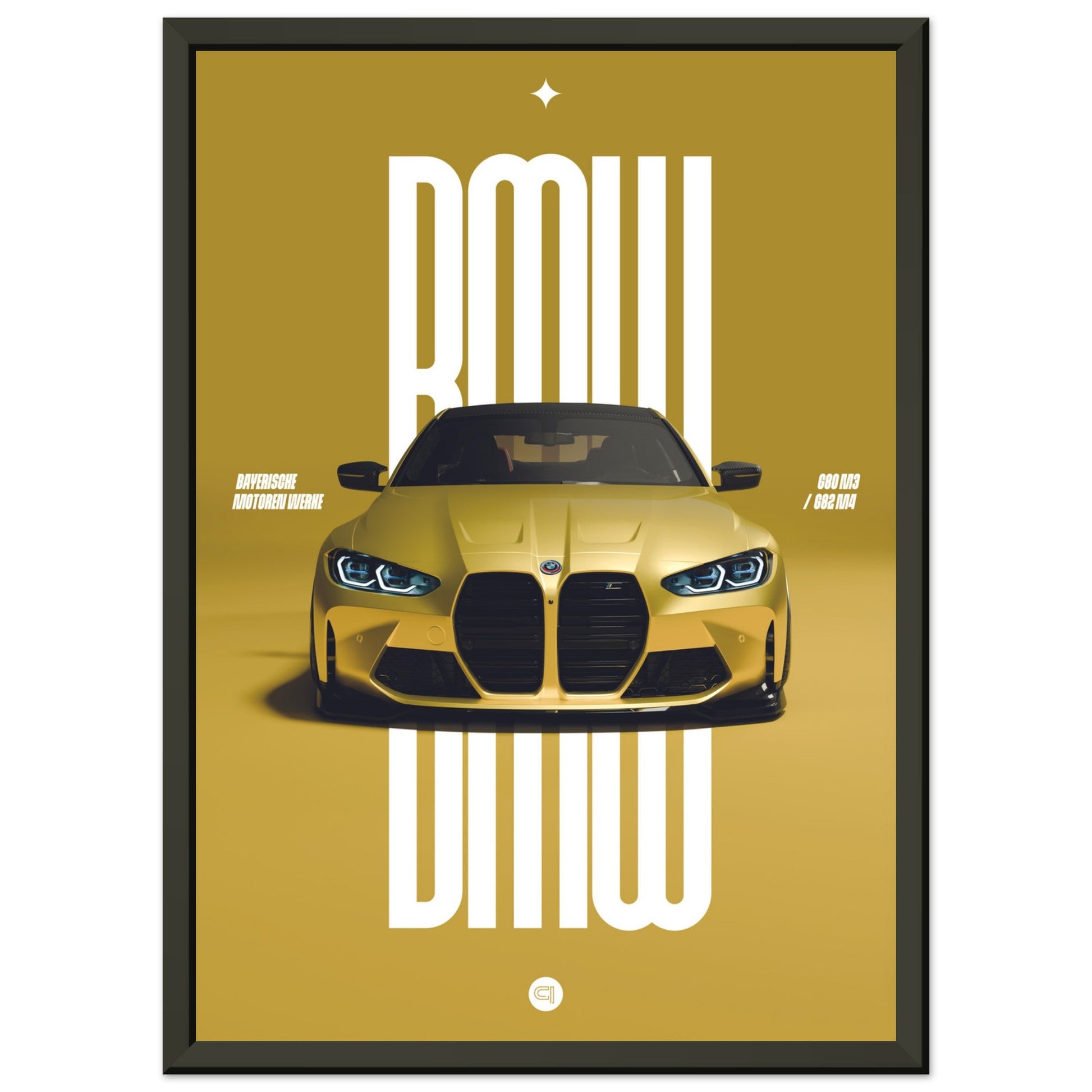 Framed Car Poster - BMW G80 M3 / G82 M4 Bumper - Yellow
