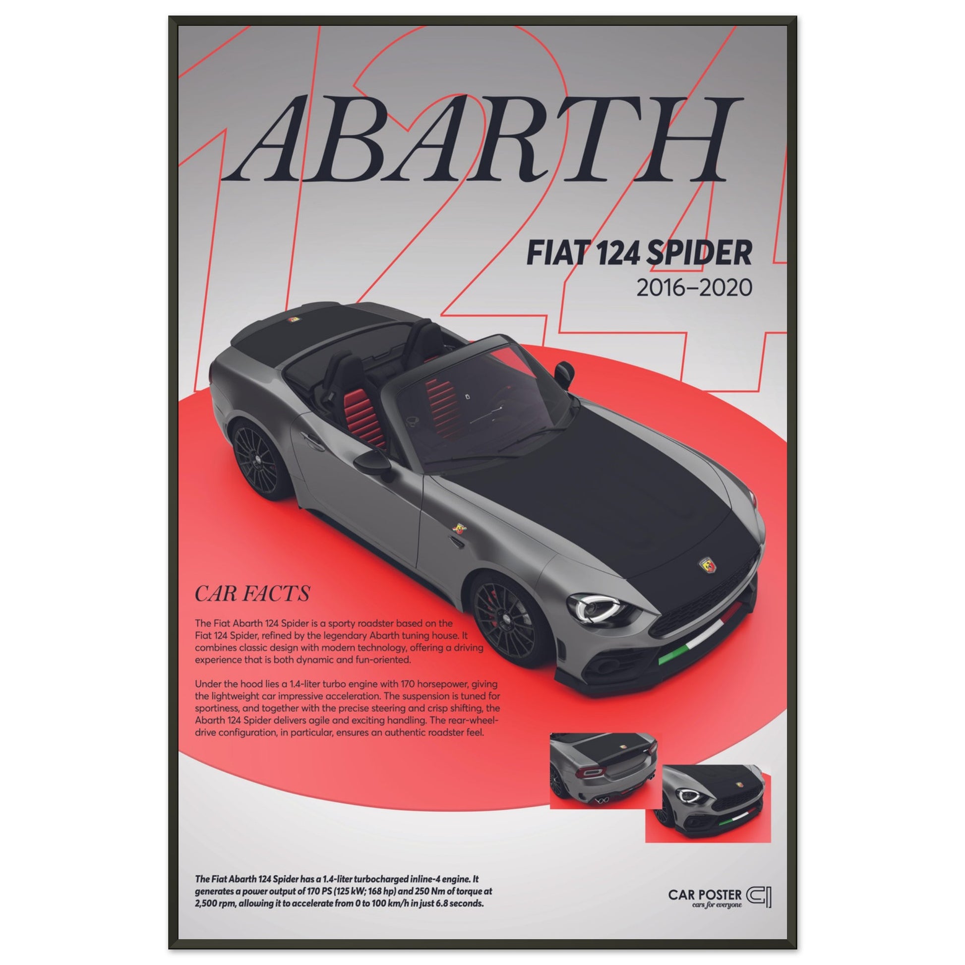 Framed Car Poster - Fiat Abarth 124 Spider - grey