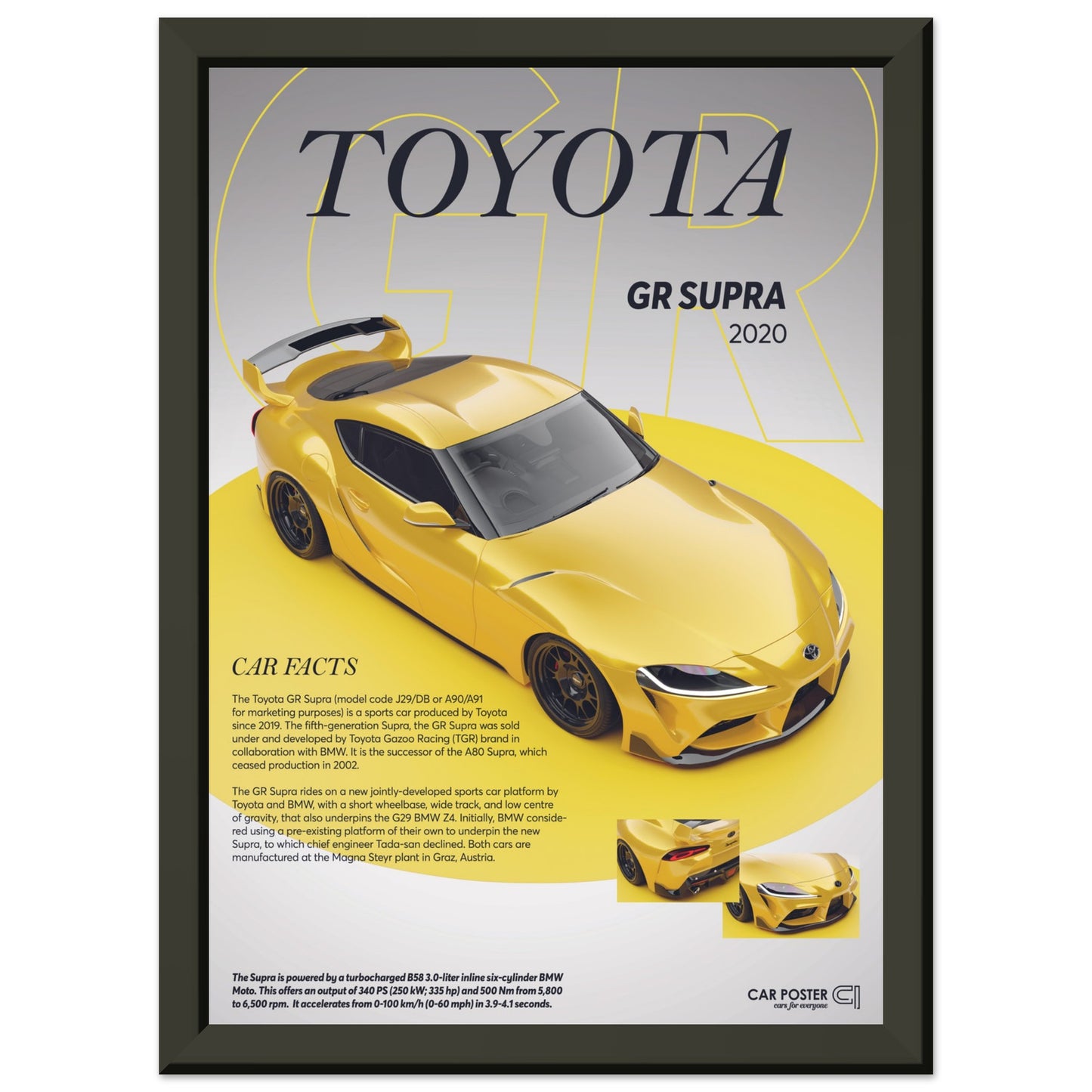 Framed Car Poster - Toyota GR Supra - Yellow