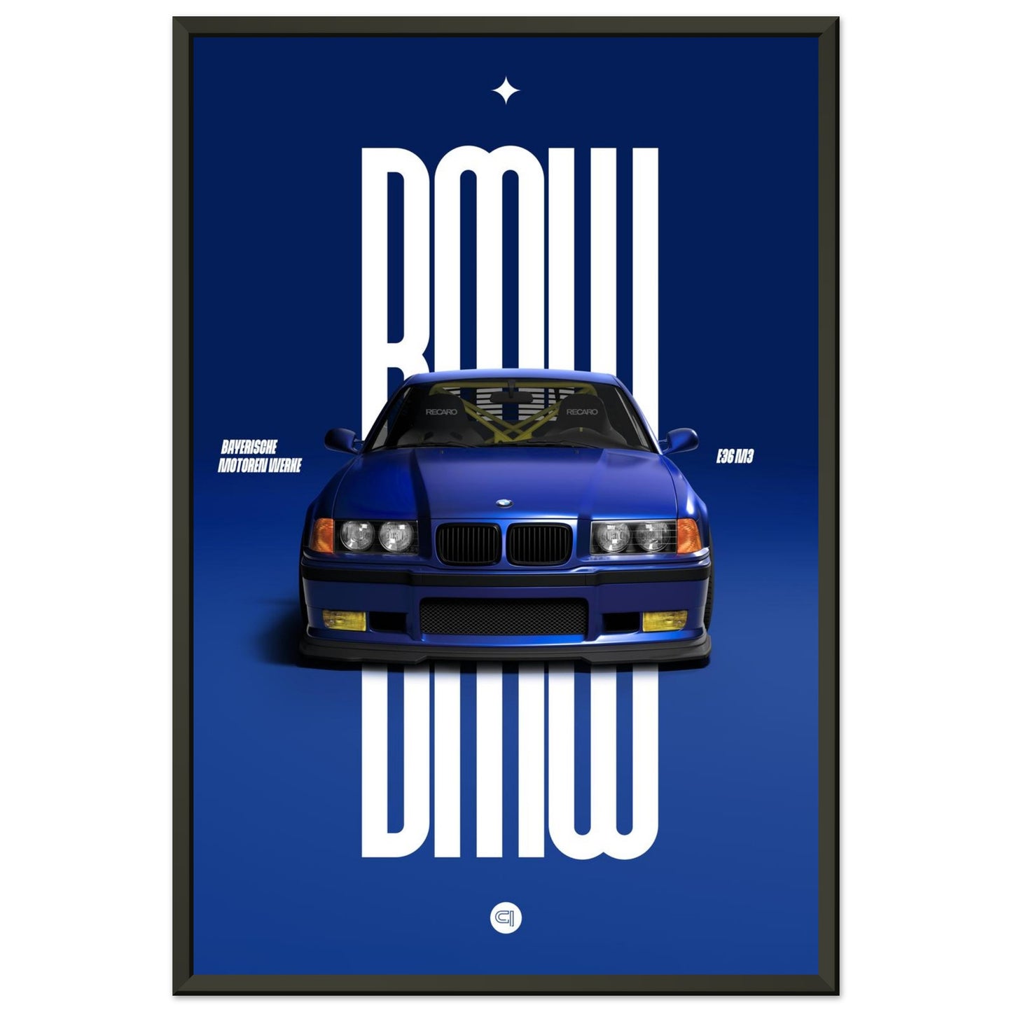 Framed Car Poster - BMW E36 - Blue
