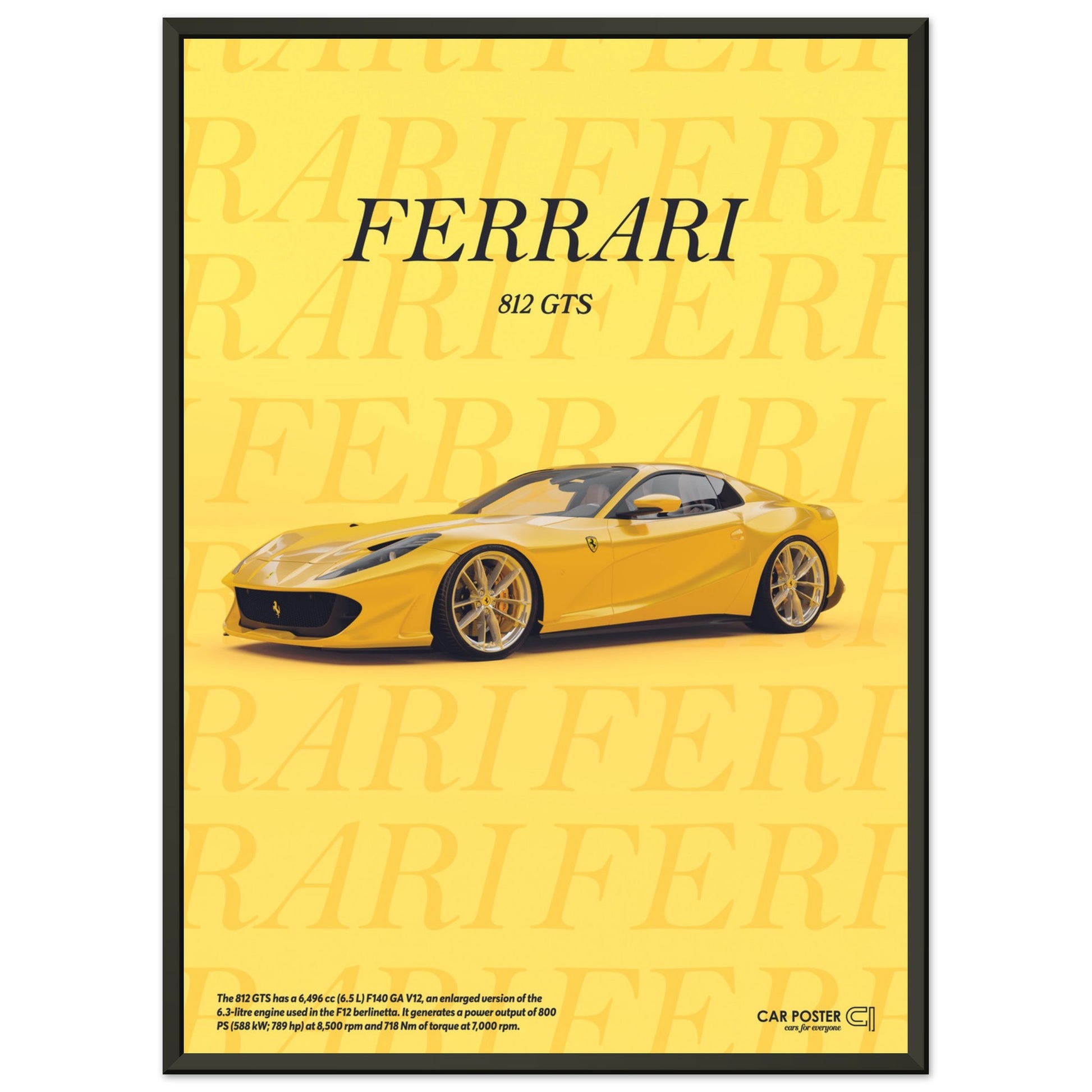 Framed Car Poster - Ferrari 812 GTS Typography - Yellow