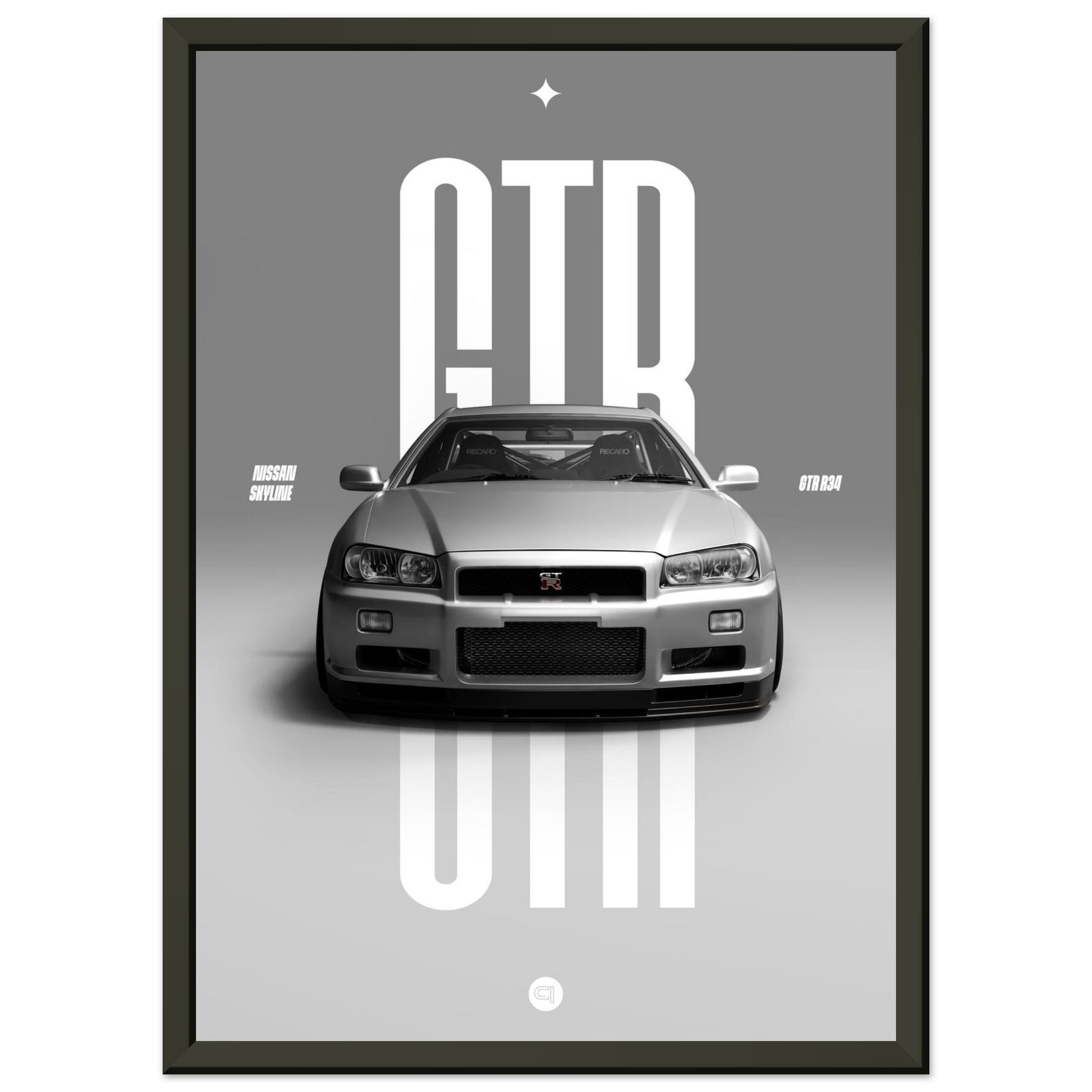Framed Car Poster - Nissan Skyline GTR R34 - White