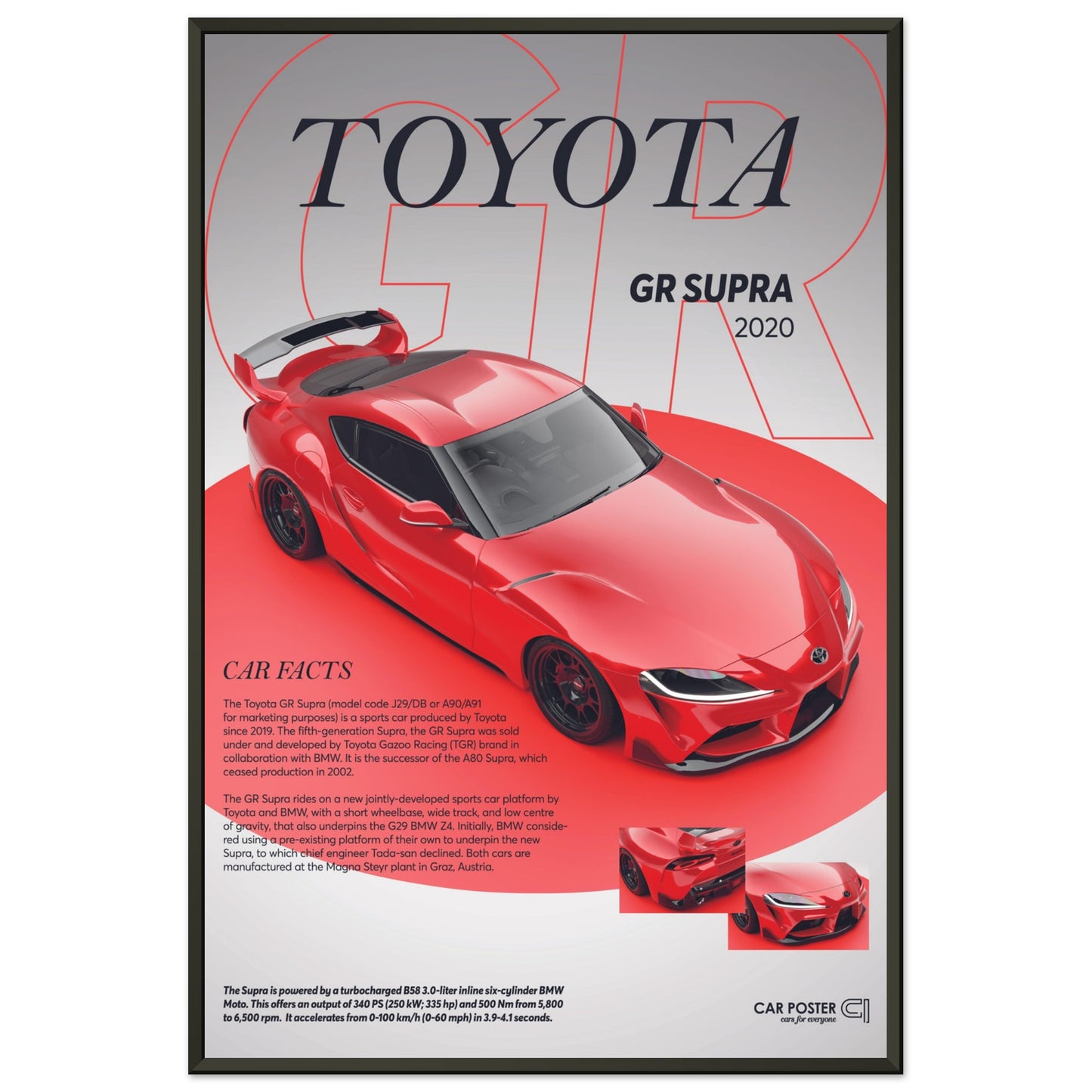 Framed Car Poster - Toyota GR Supra - Red
