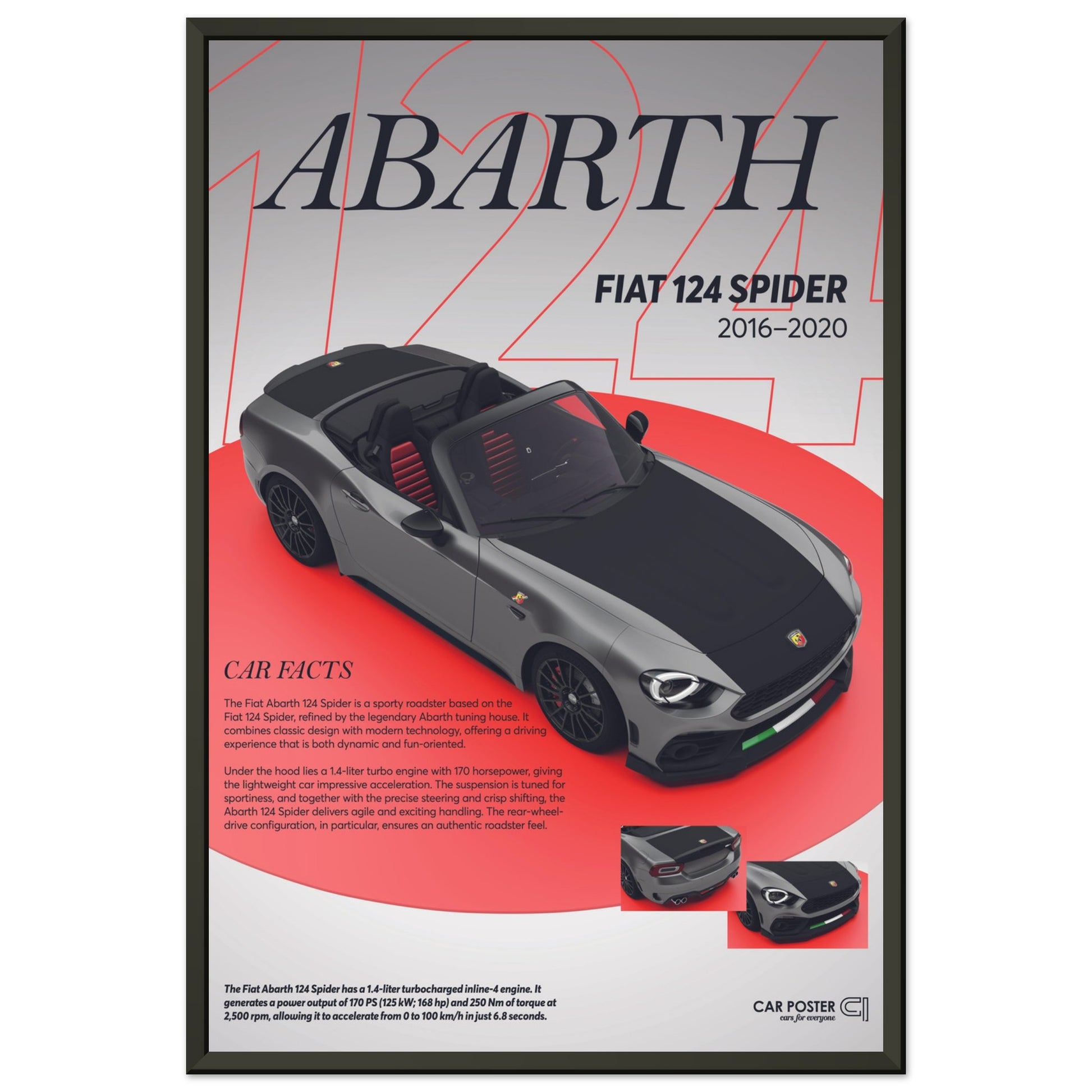 Framed Car Poster - Fiat Abarth 124 Spider - grey