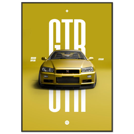 Framed Car Poster - Nissan Skyline GTR R34 - Yellow
