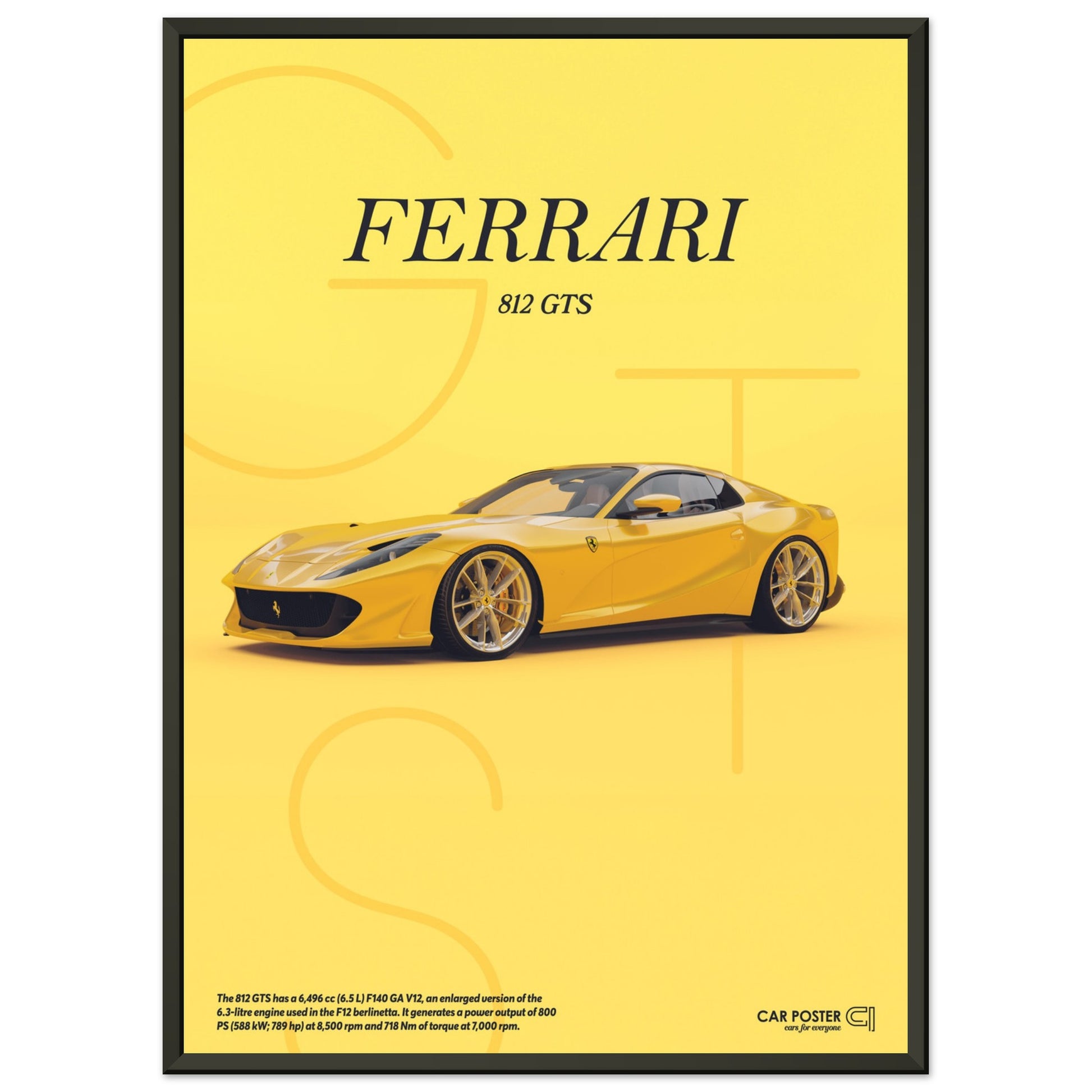 Framed Car Poster - Ferrari 812 GTS Letters - Yellow