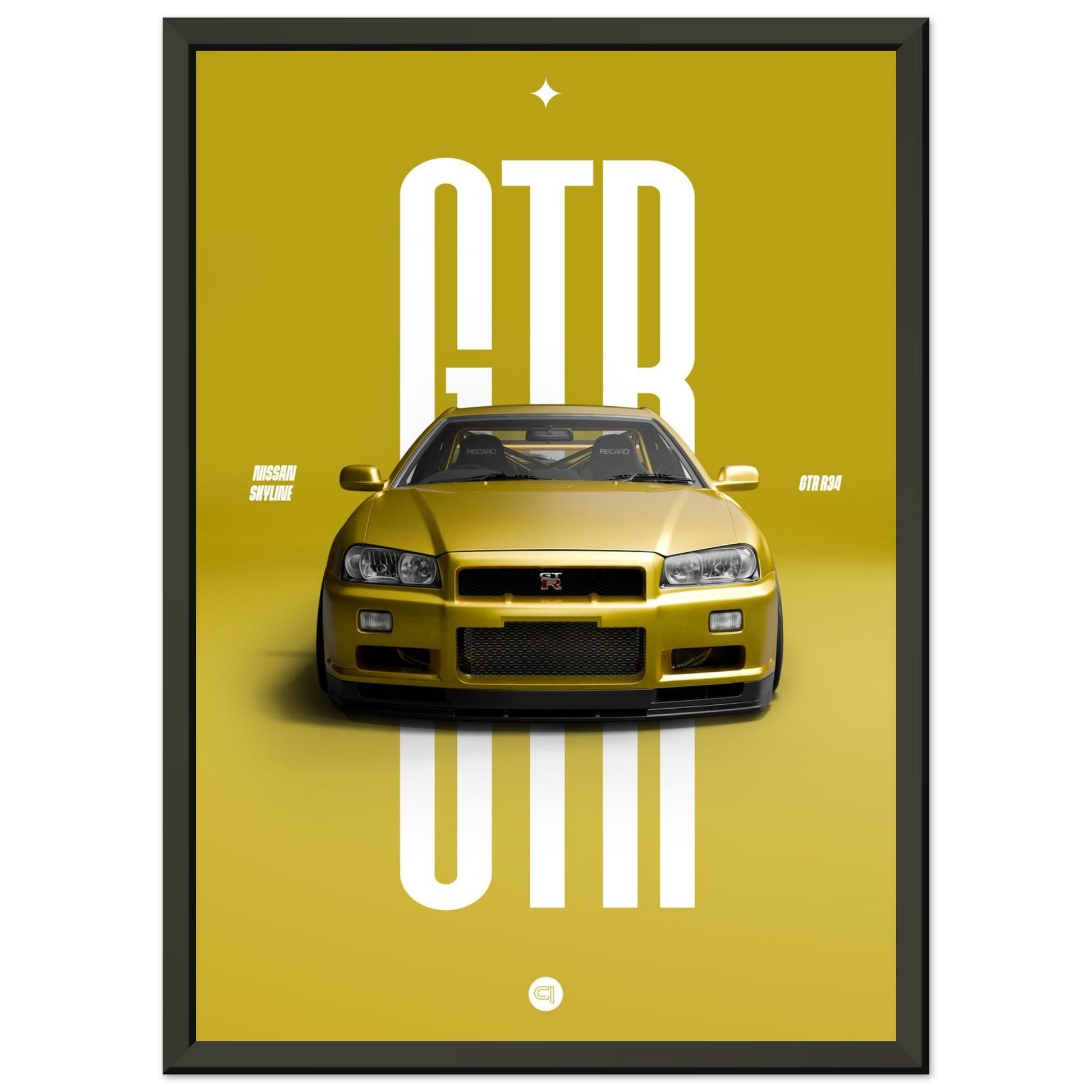 Framed Car Poster - Nissan Skyline GTR R34 - Yellow