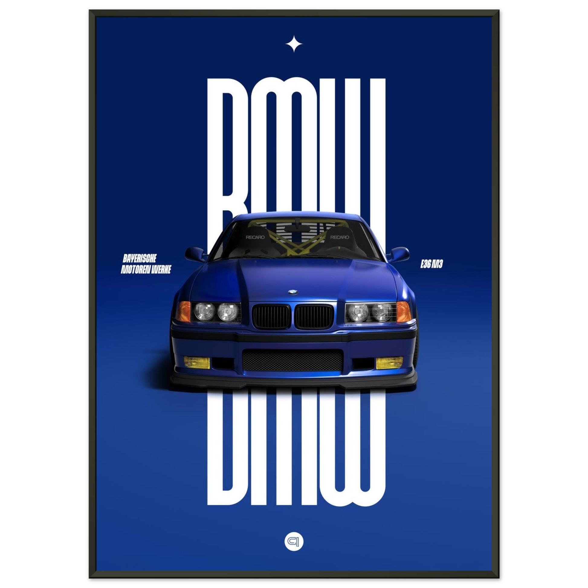 Framed Car Poster - BMW E36 - Blue
