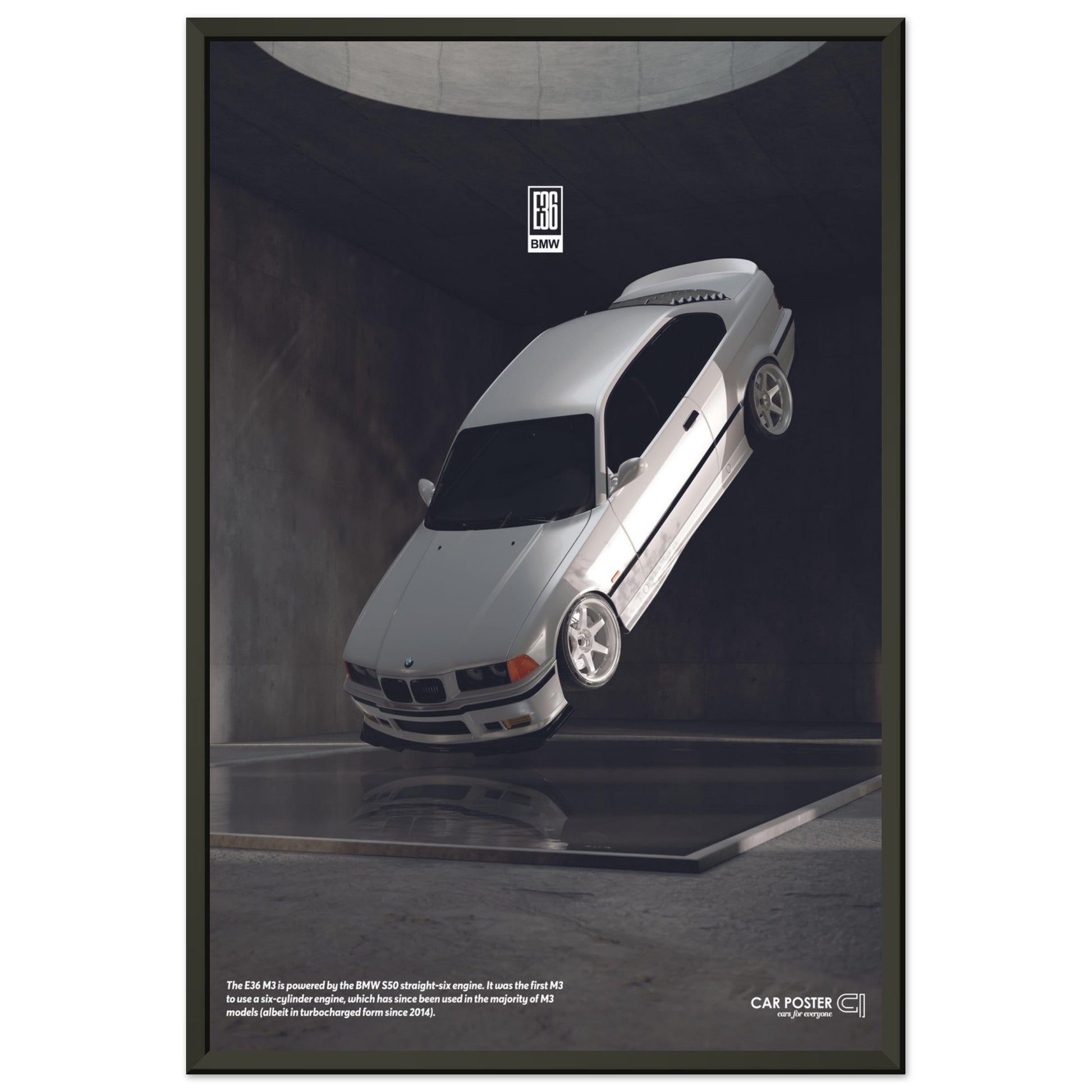 Framed Car Poster - BMW E36 M3 Flying - White