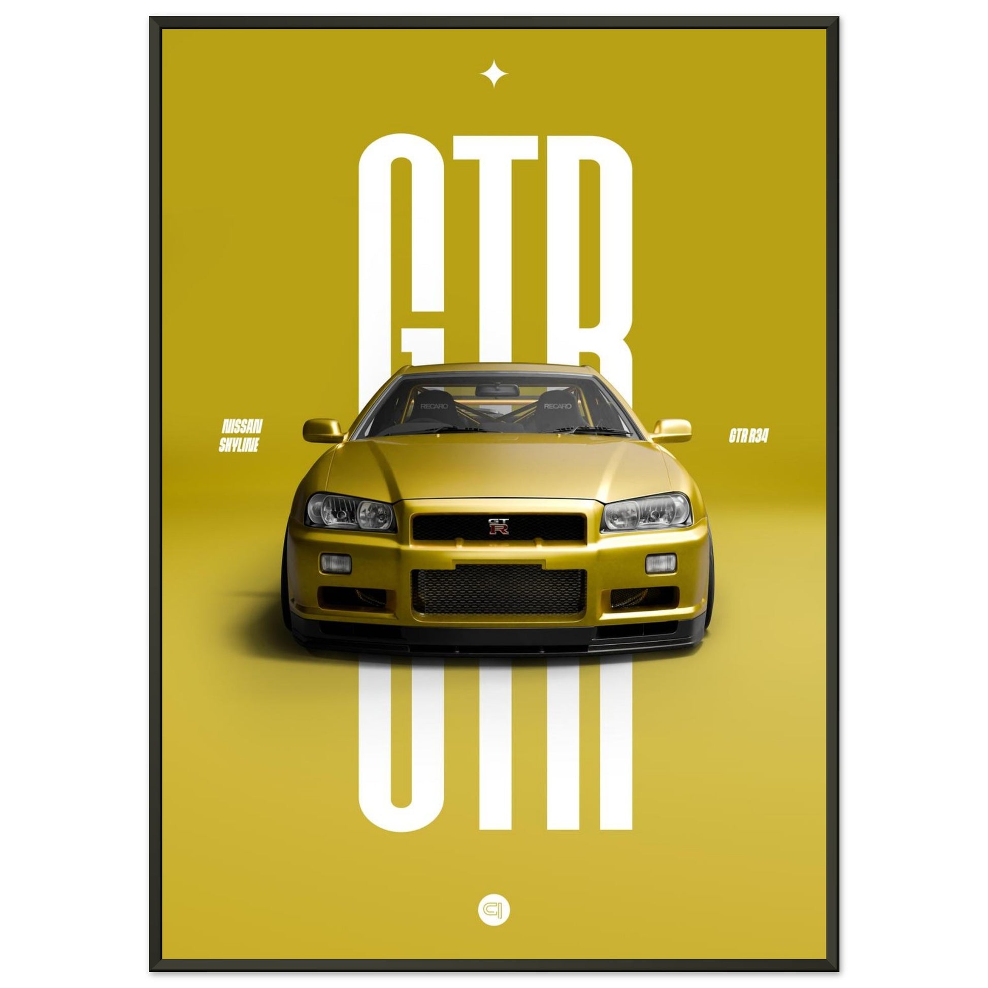 Framed Car Poster - Nissan Skyline GTR R34 - Yellow