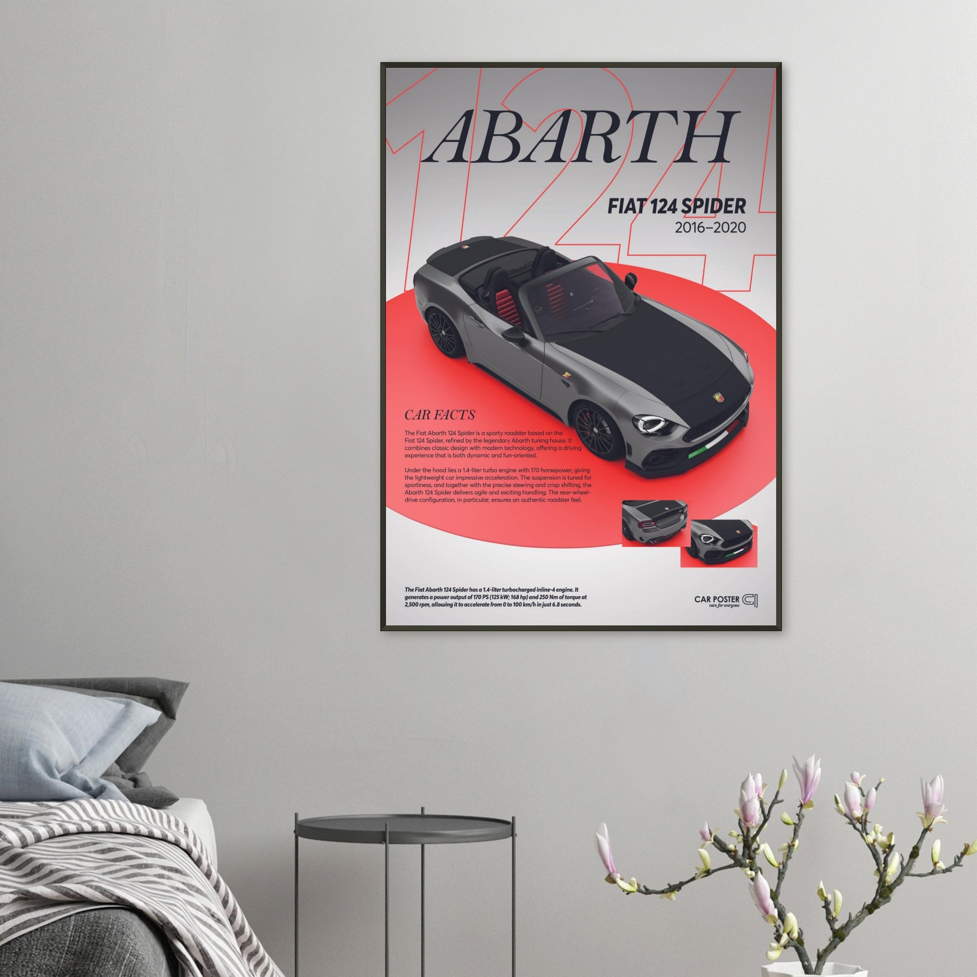 Framed Car Poster - Fiat Abarth 124 Spider - grey